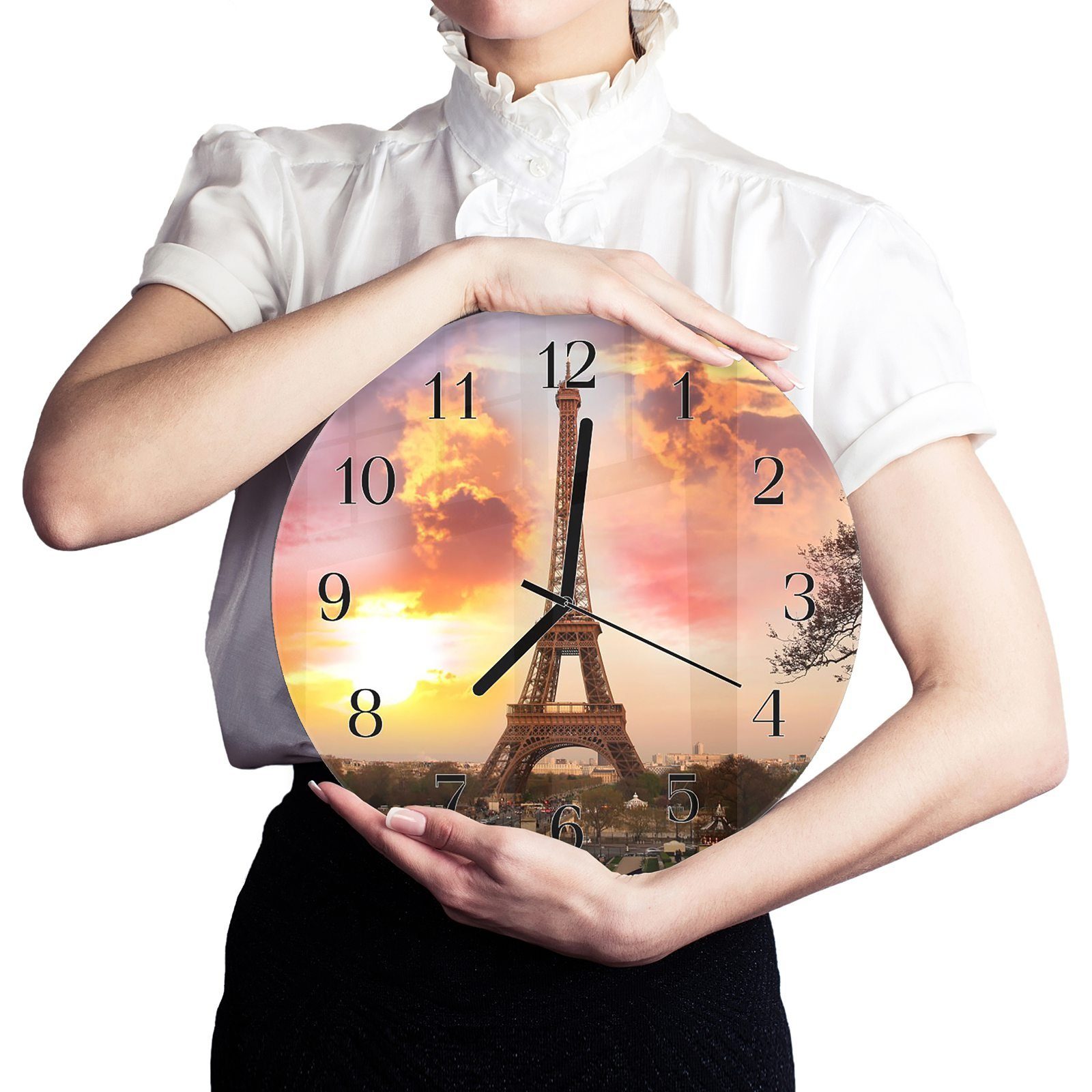 Paris Rund Quarzuhrwerk Glas Durchmesser aus cm und in Wanduhr Sonneuntergang mit Motiv mit Wanduhr Primedeco 30 -