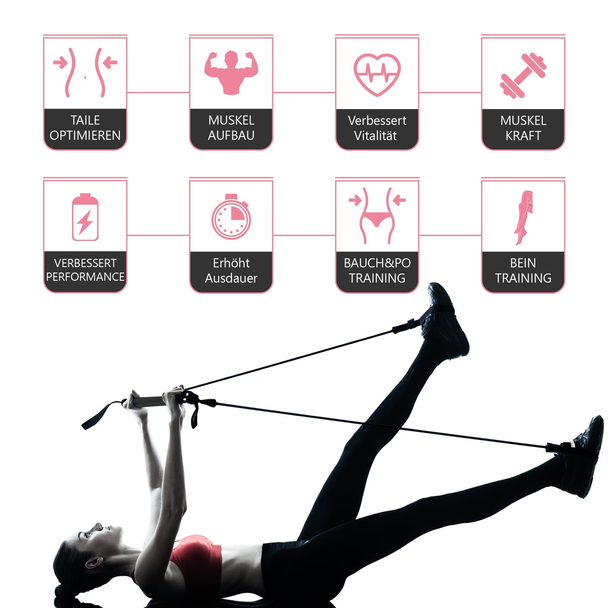 und Fitness - Pink Stange Fitnessband, ActiveVikings ActiveVikings Fitness Koordinations-Trainingssystem Pilatesbar für Pilatesband, Ideal Pilates, Yoga