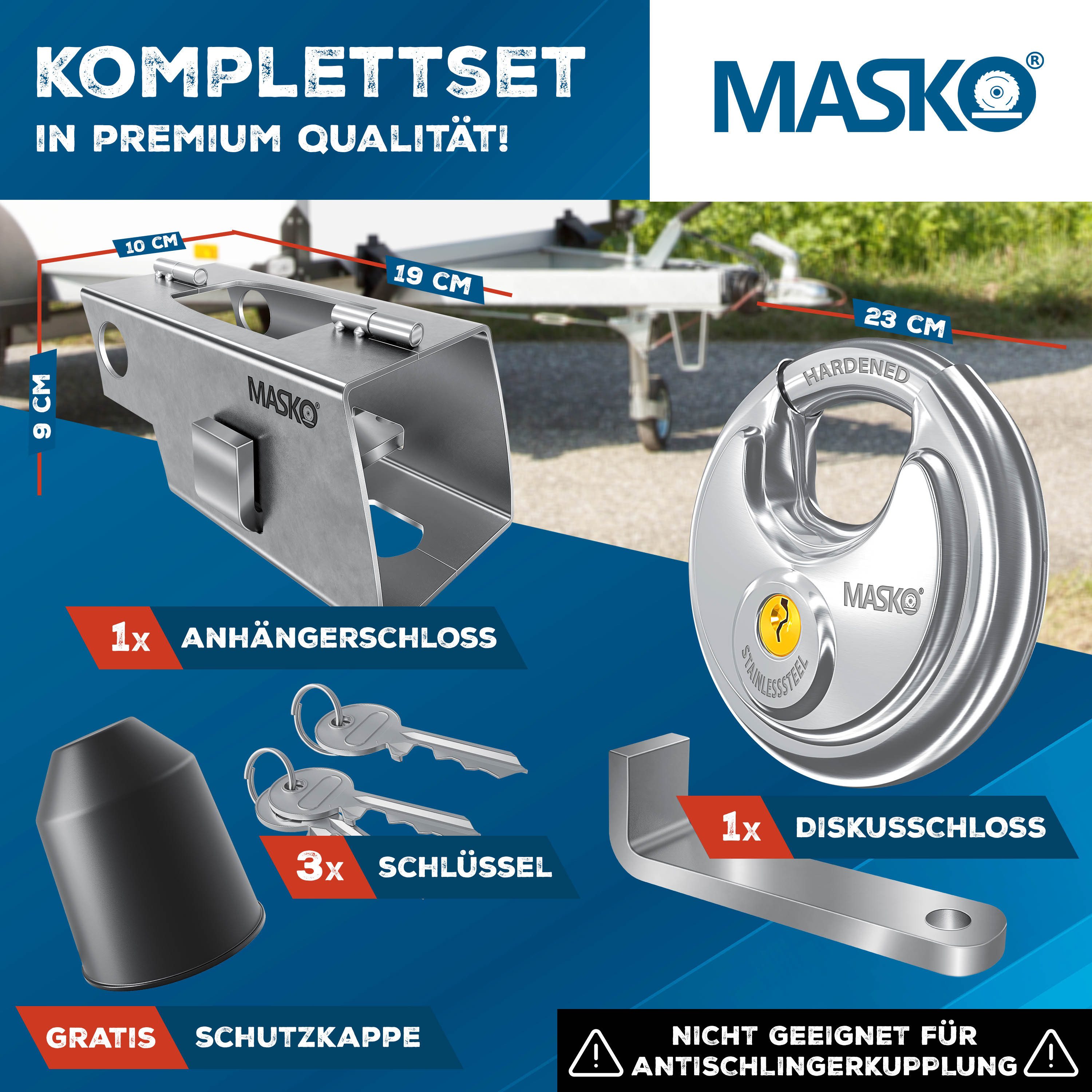 MASKO Anhängerschloss (Inkl. Rundbügelschloss & Schlüssel & Schutzkappe), Anhänger Schloss Diebstahlschutz Wohnwagen Kastenschloss