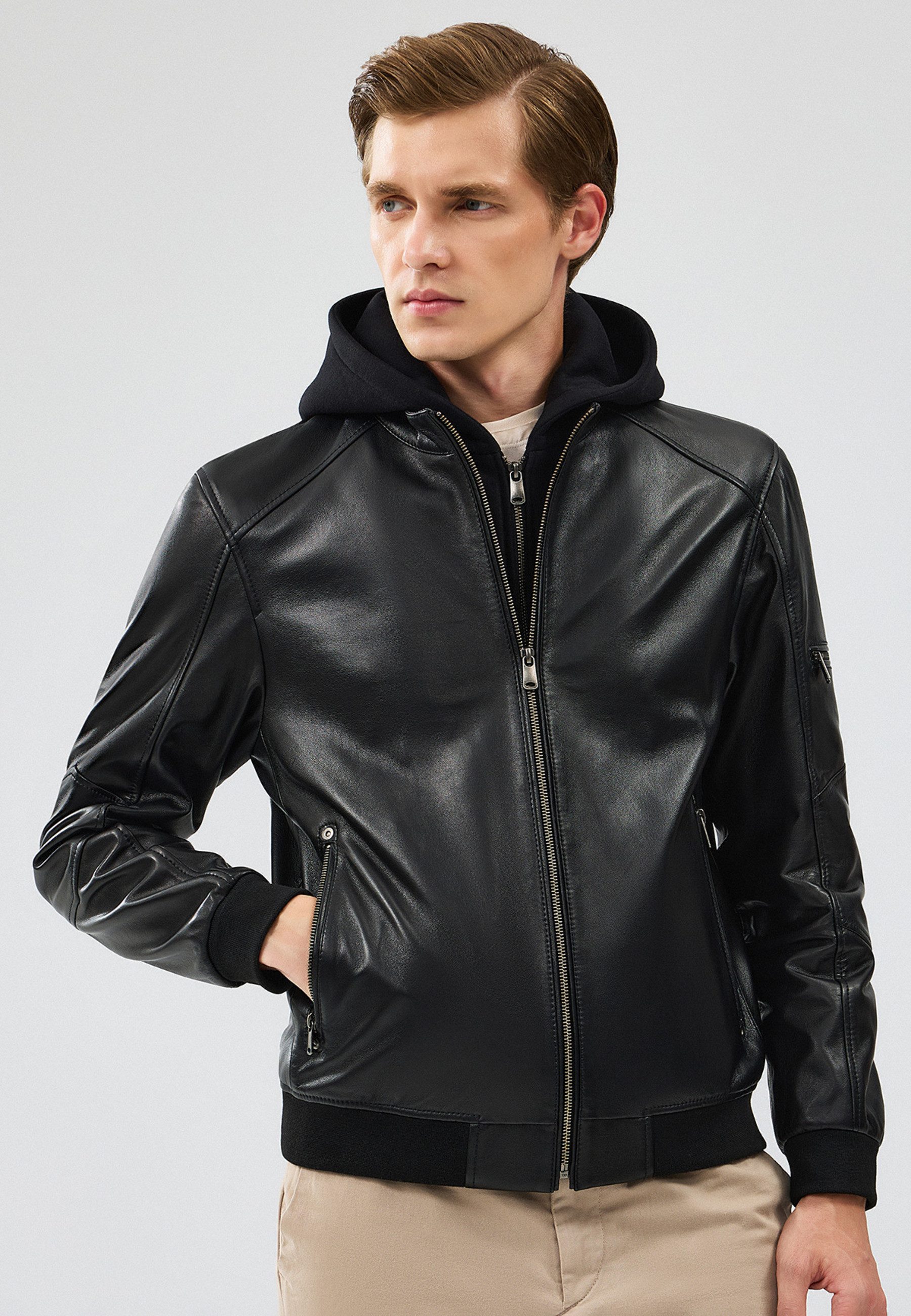 Derimod Lederjacke Niko Lederjacke mit Kapuze Regular Fit, Reißverschluss, Mit Kapuze, Kurz, Textilfutter
