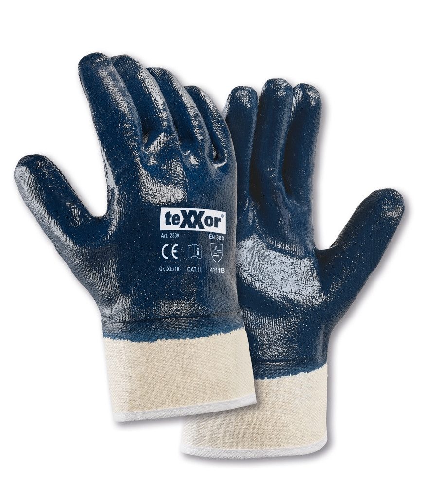 teXXor Nitril-Handschuhe Bau Nitrilhandschuh vollbeschichtet blau Stulpe 2339 (Packung, 12-St., VPE= 12-144 Paar, Gr 7-11) ölbeständig/Strickhandschuh