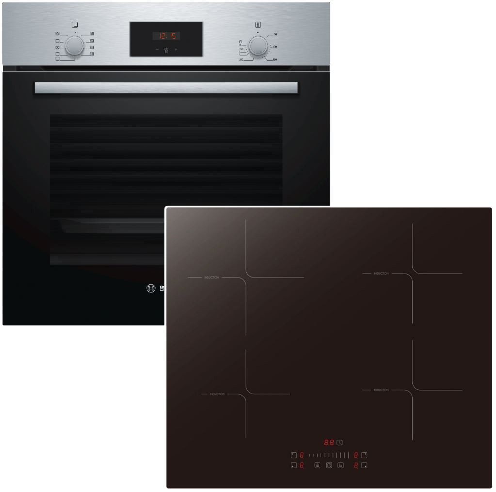 BOSCH Backofen-Set 3D Heißluft PKM Induktionskochfeld 66 Liter Teleskopauszug Edelstahl