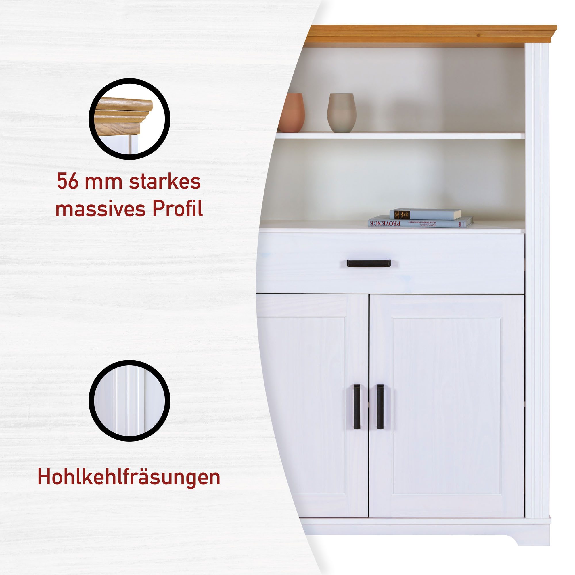 Inter Link Highboard Maluno, Kiefer Massivholz, Hochschrank, Wohnzimmerschrank (1 St), Buffetschrank mit Soft-Close, Stauraum, BxTxH: ca. 117,2 x 41 x 163 cm