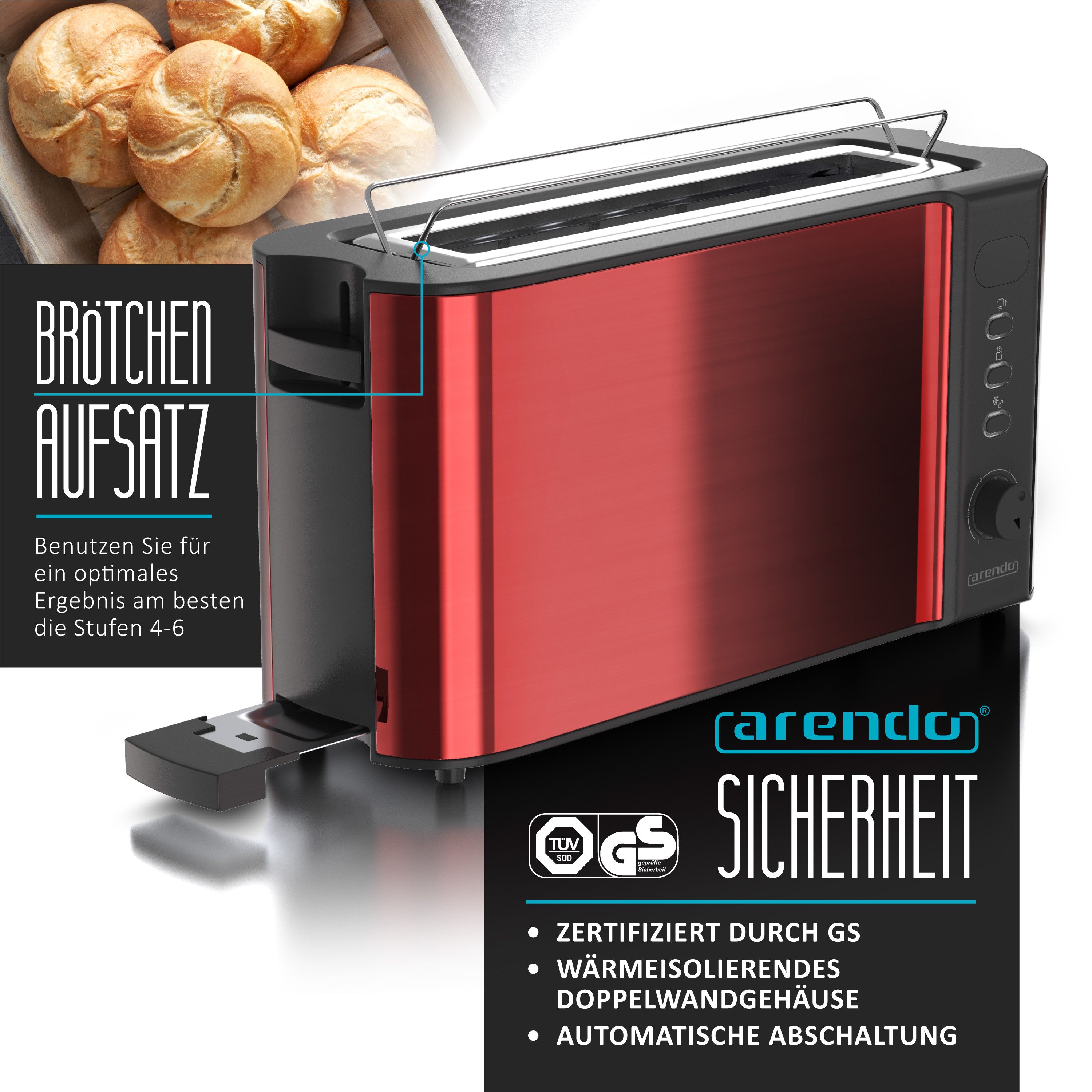Arendo Toaster Edelstahl, Langschlitz, Display mit Restzeitanzeige, Brötchenaufsatz, 1 langer Schlitz, für 2 Scheiben, 1000 W, Defrost Funktion, Wärmeisolierendes Gehäuse, Krümelschublade
