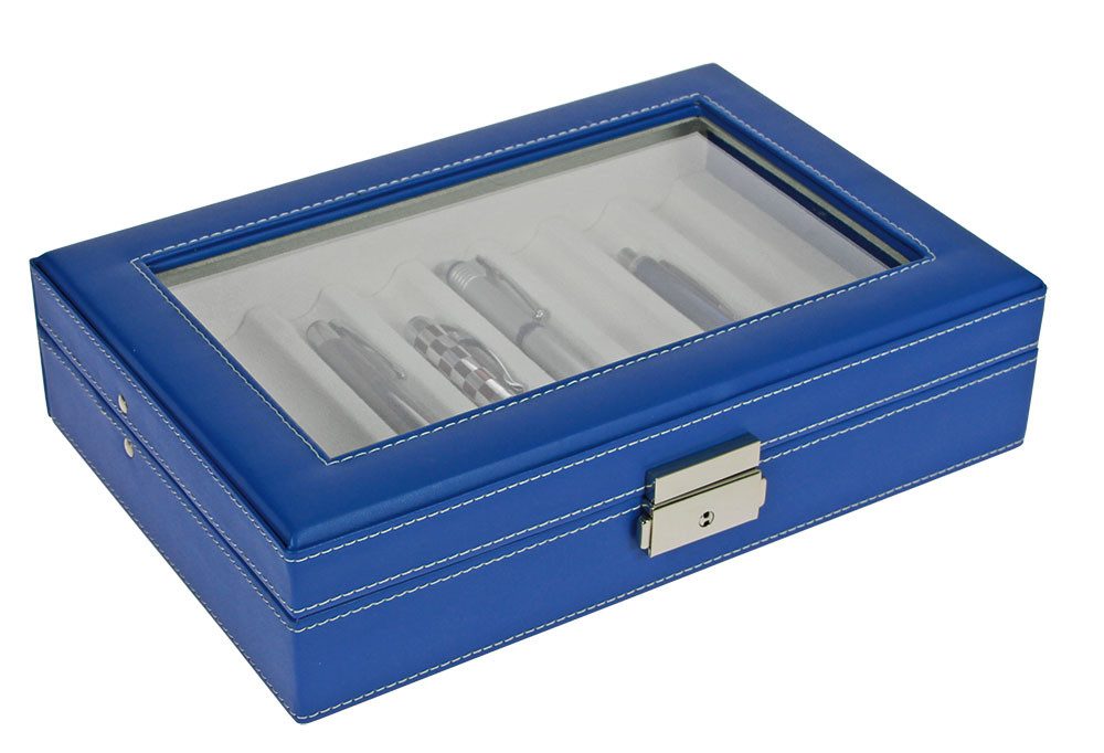 Safe-Album Vitrine Schreibgeräte-Kassette Blau Lederoptik 8 Fächer & Glaseinsatz