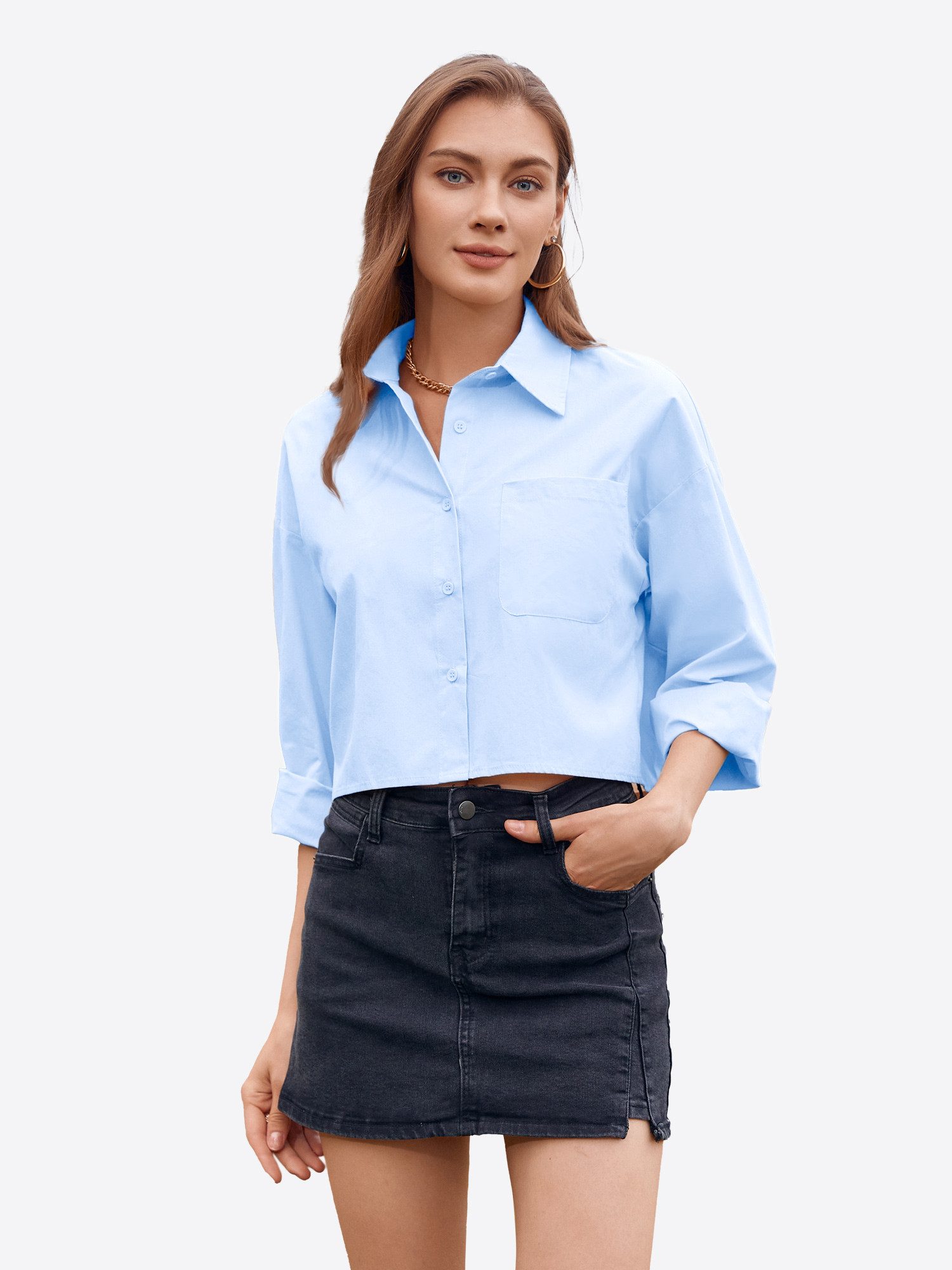 Imily Bela Blusenshirt Damen Cropped Shirt Casual Oberteil (Packung, 1-tlg., 1per-Pack) aus Baumwolle mit Hemdkragen und Knopfleiste