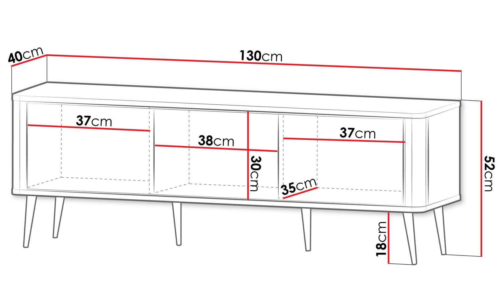 Feldmann-Wohnen Lowboard Marly (3 Drehtüren, 3 geschlossenen Fächern, 1 St., moderne Optik, abgerundeter Korpus, Zugengriffe aus Metall), 130x40x52cm Kaschmir / Graustein