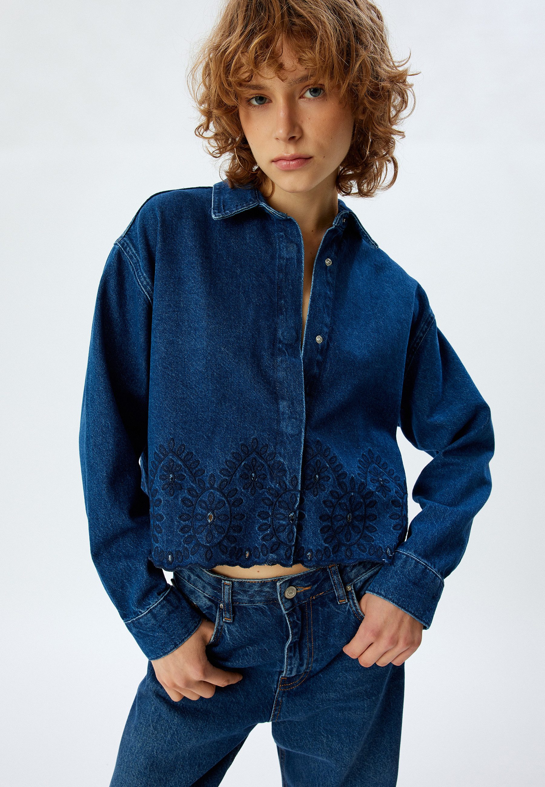 Langarmshirt Hemdkragen Denim