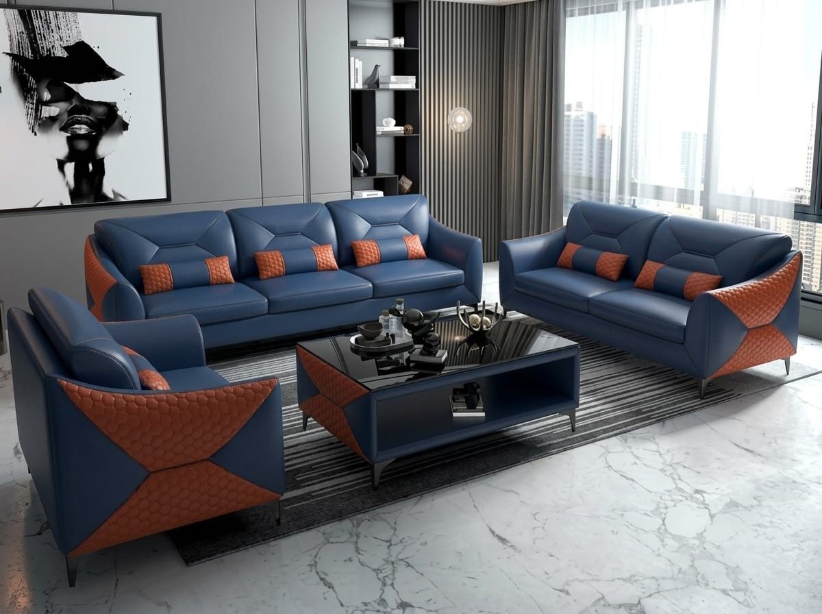 Xlmoebel Wohnlandschaft Modernes blaues Leder Sofa Set 3+2+1 mit Kissen für Wohnzimmer, 3 Teile, Made in Europa