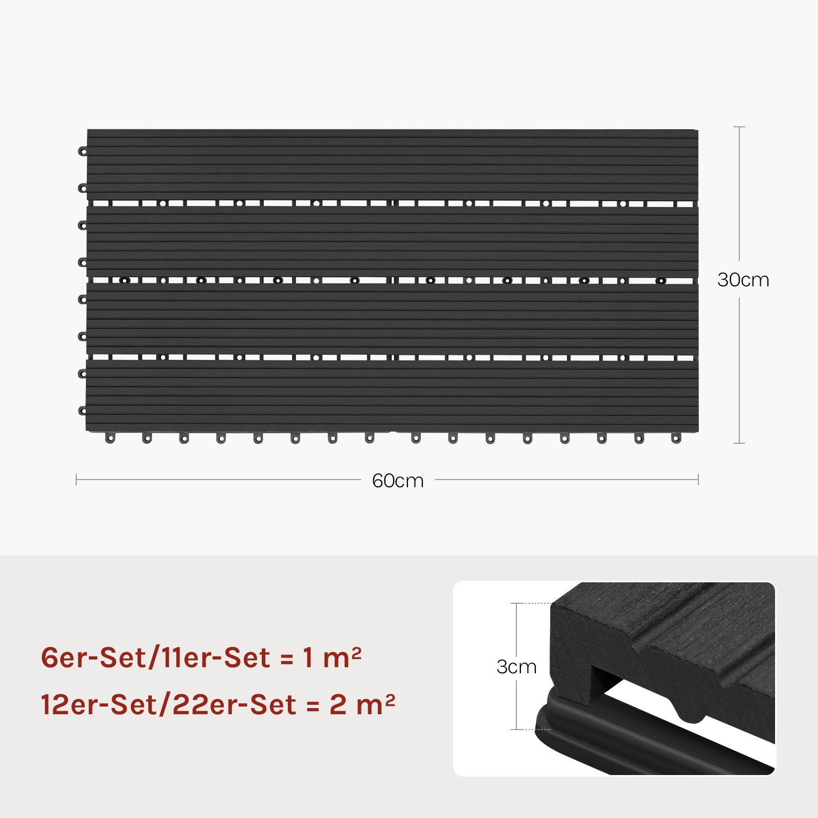 Woltu WPC-Fliesen, 6 St., Terrassendielen Holz-Optik 30x60cm mit klicksystem