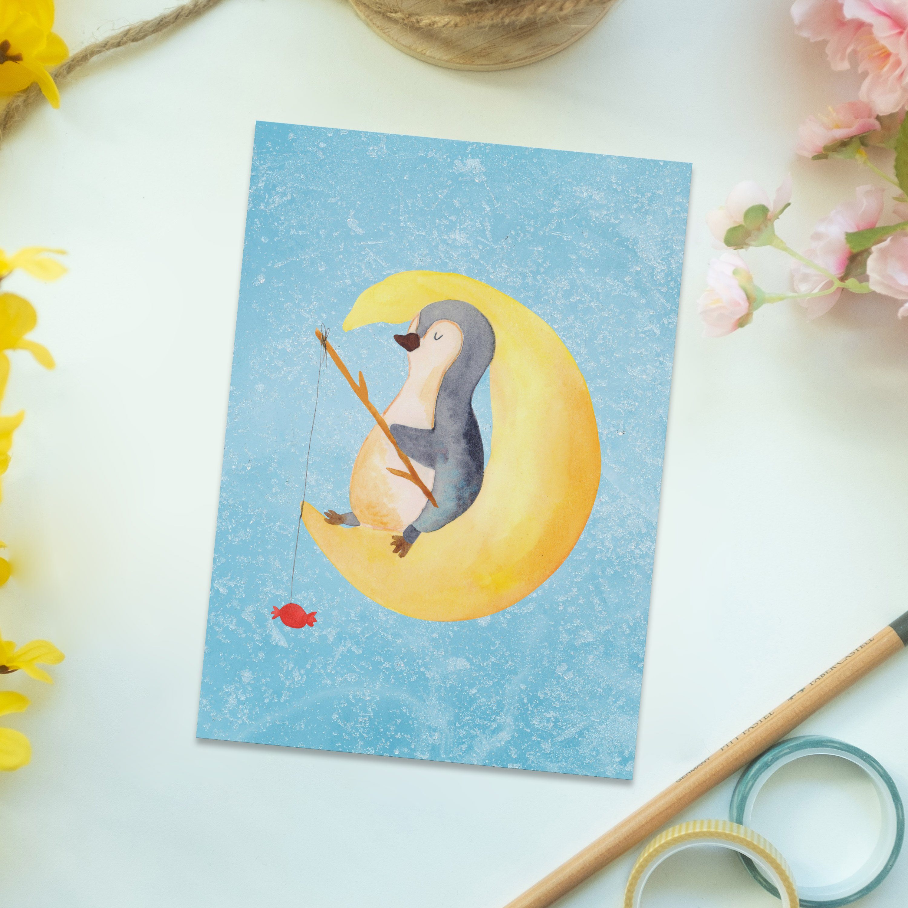 Mr. - Pinguine, Schlafzimmer, Mond Panda Postkarte Einladung & Pinguin Geschenk, - Mrs. Eisblau