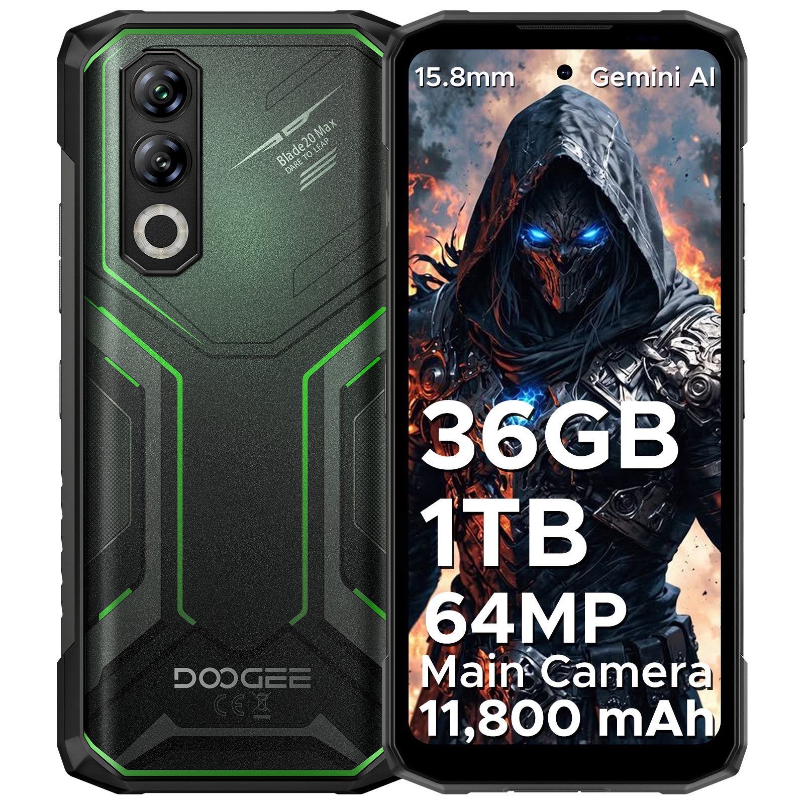 DOOGEE Blade 20 Max 11800 mAh/33W Outdoor Handy 32GB+1TB Android 15 Robustes Smartphone (16,8 cm/6.56 Zoll, 1000 GB Speicherplatz, 64 MP Kamera, 6.6 Zoll HD+ 120Hz Display Handy, 64 MP + 20 MP, wasserdichtes Telefon)