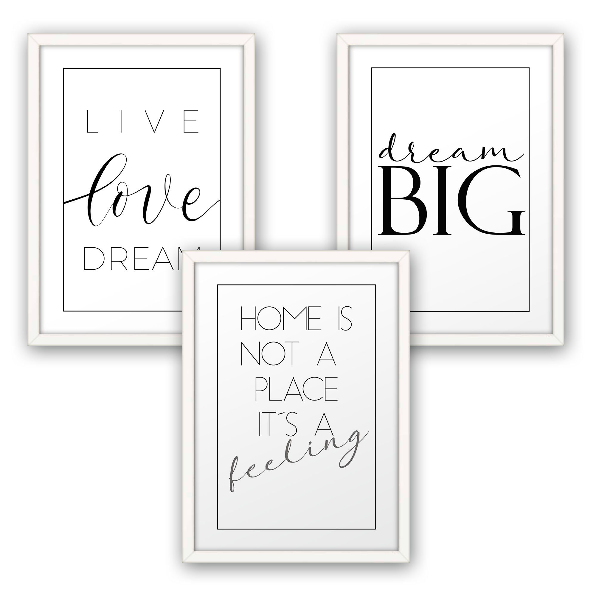 Kreative Feder Плакат, Home, Love, Dream, Inspiration, Schrift, Schwarz-Weiß, Spruch (Set, 3 St), 3-teiliges Плакат-Set, Wandbild, optional mit Rahmen, DIN A4 oder A3
