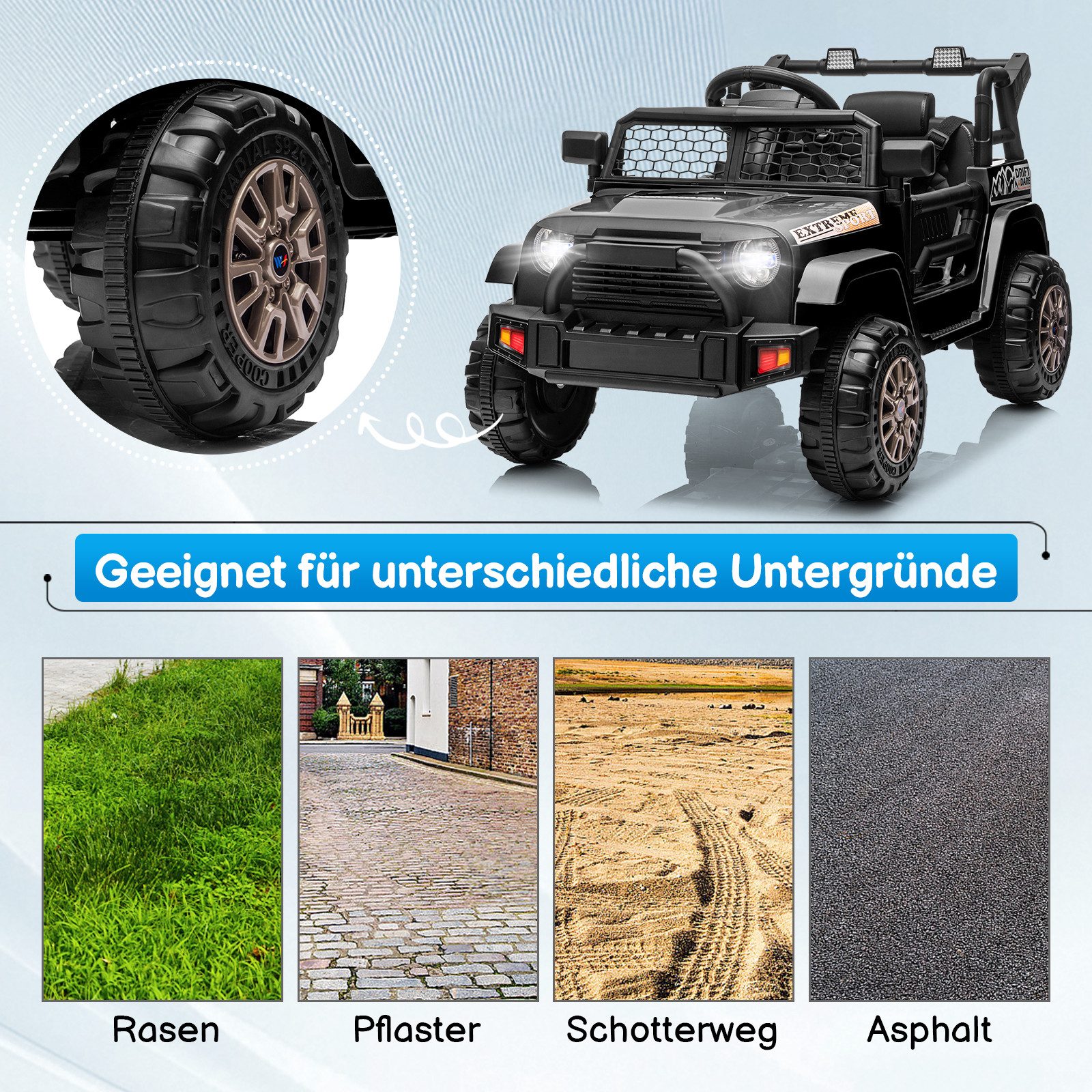 LALAHO Elektro-Kinderauto Elektrischer Aufsitz-Jeep für Kinder, mit Fernbedienung, mit Licht und Musik