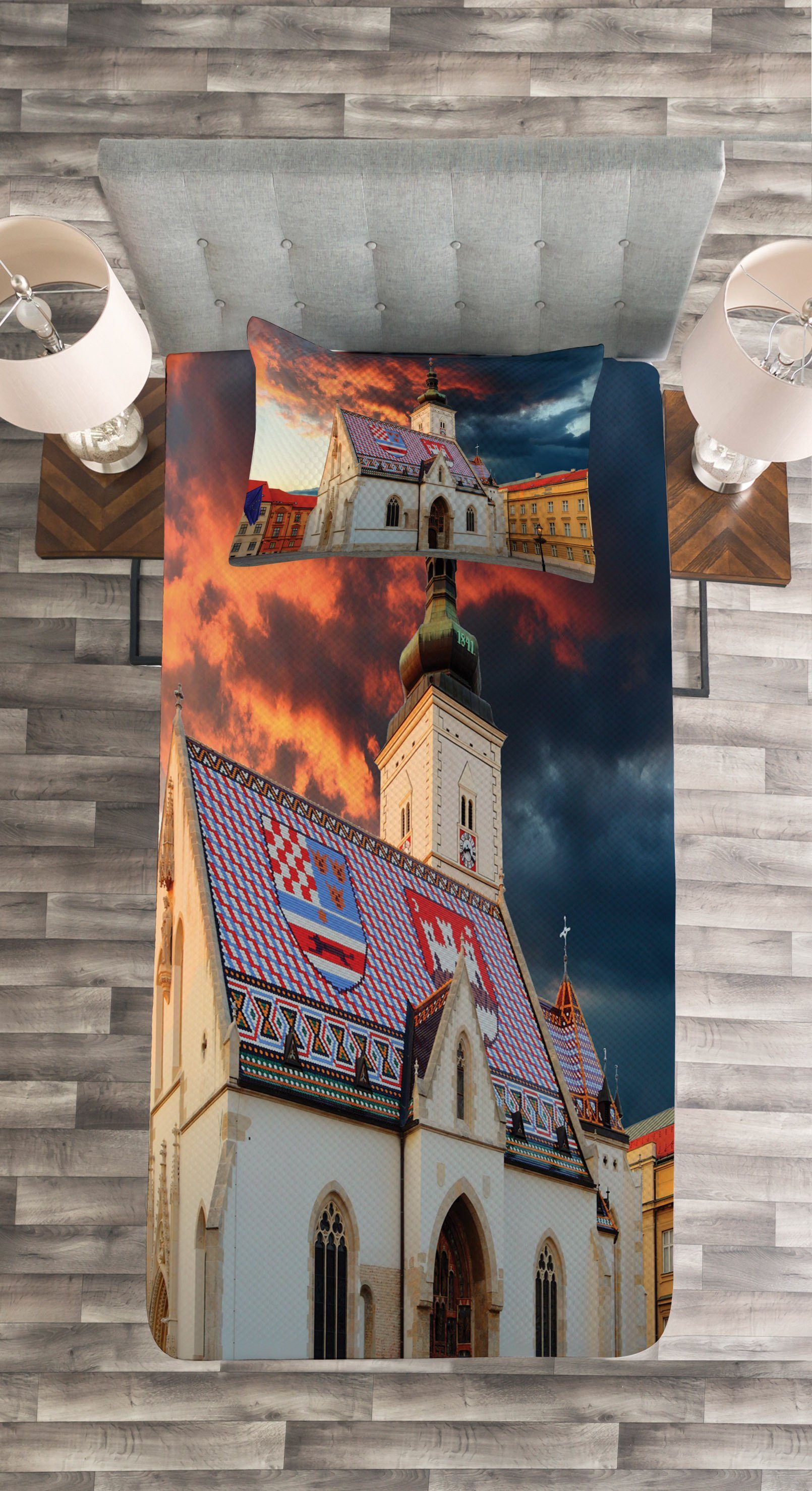 in Abakuhaus, Kissenbezügen Tagesdecke Kroatien Zagreb mit Gebäude Waschbar, Set