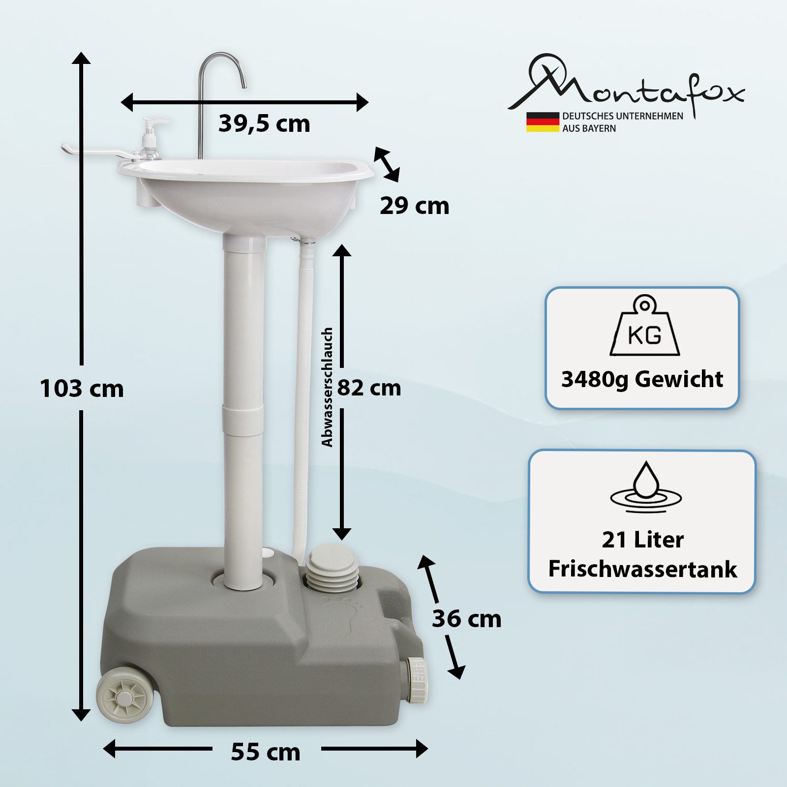 Montafox Waschbecken Mobiles Camping Handwaschbecken mit Fußpumpe und Seifenspender