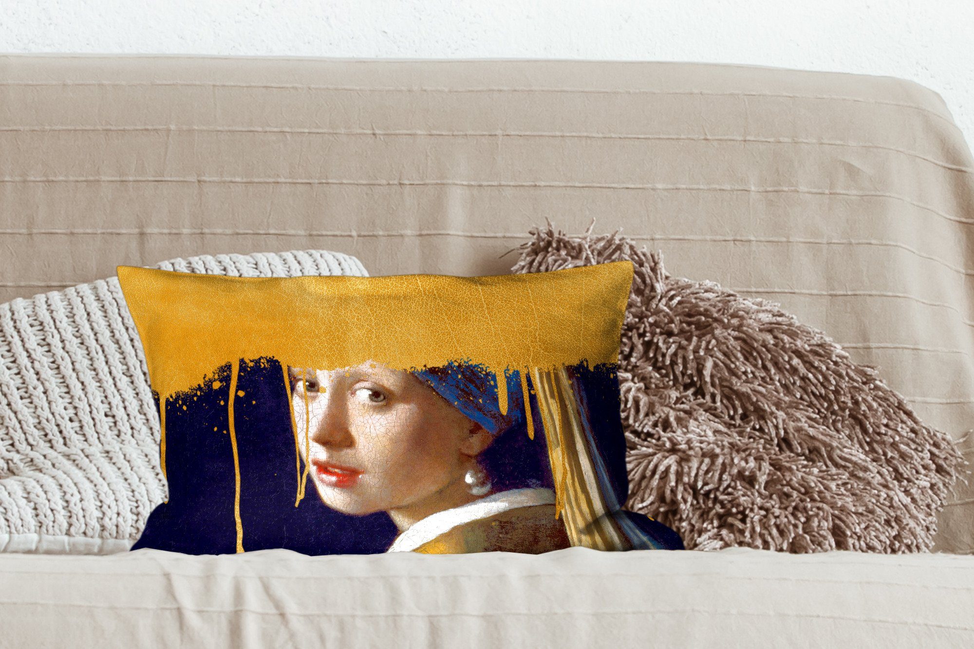 Wohzimmer MuchoWow - Mädchen Vermeer, einem Dekoration, Dekokissen - Schlafzimmer Gold Dekokissen Perlenohrring Zierkissen, Füllung, mit mit