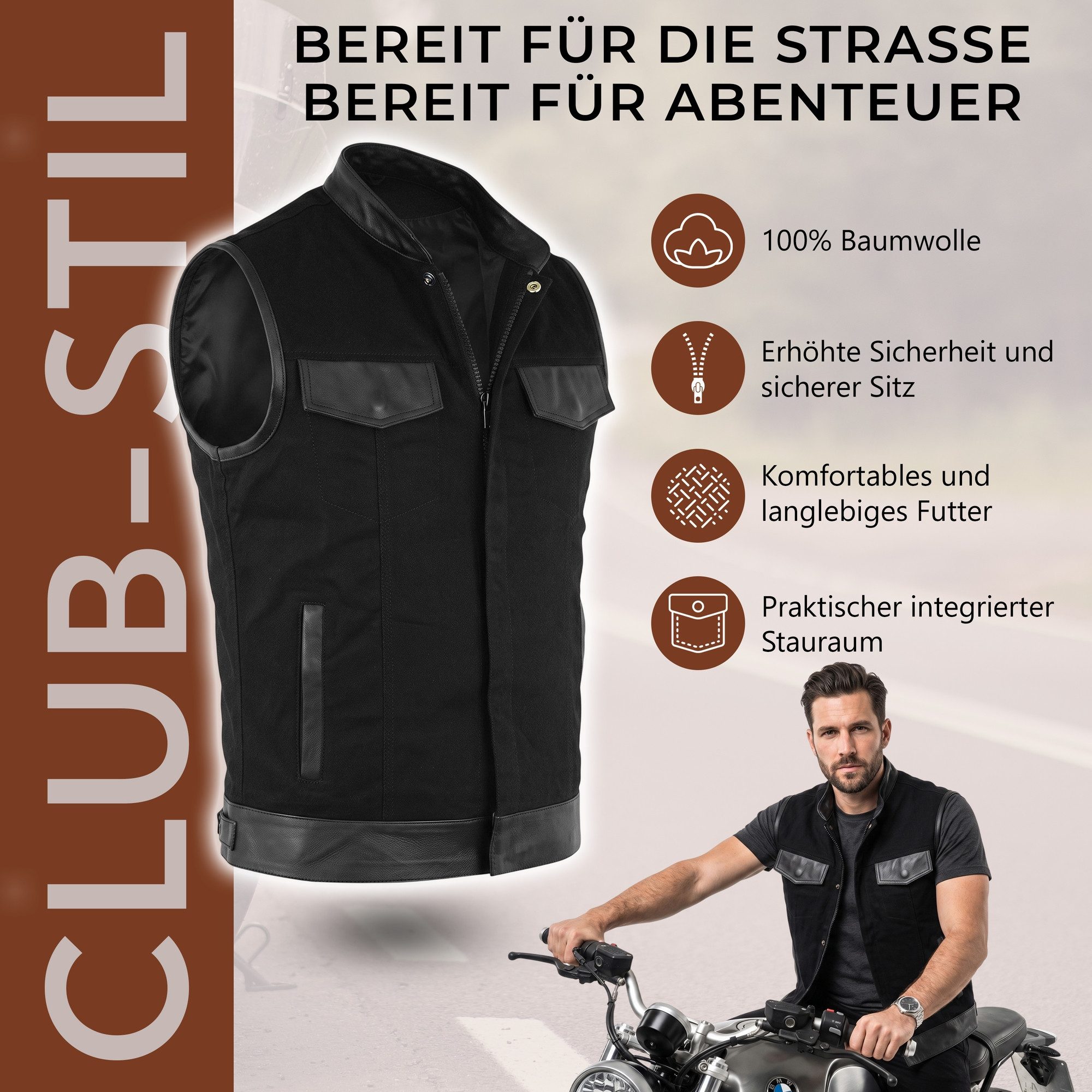 German Wear Motorradweste GW691 Denim+Leder Motorrad Biker Jeansweste Motorradweste Weste schwarz – Bild 4 von 5