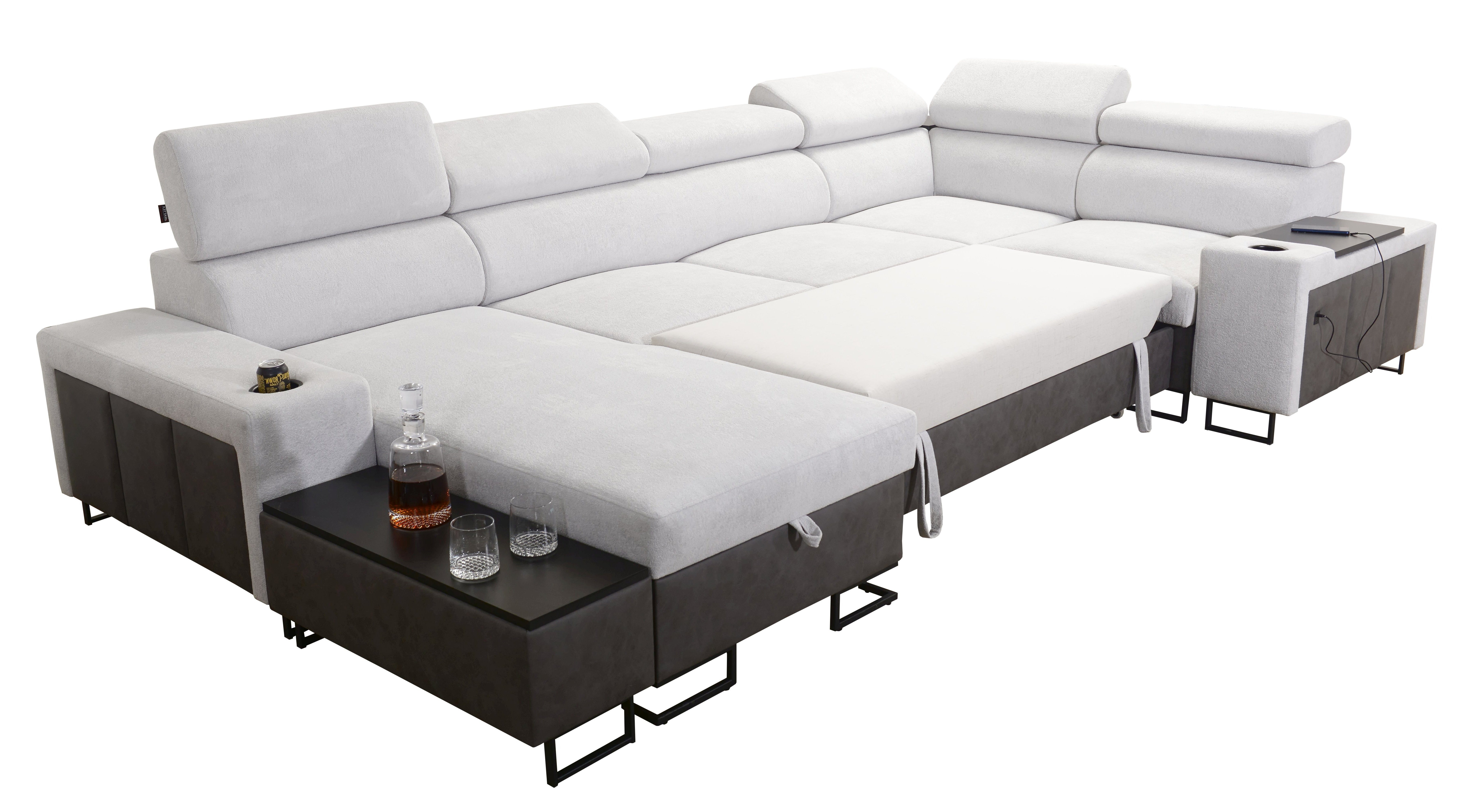 Möbel für Dich Wohnlandschaft Melody IV in U-Form mit USB, Ablagen und anderen Extras, mit Becherhalter in den Armlehnen und einem kleinen Beistelltisch