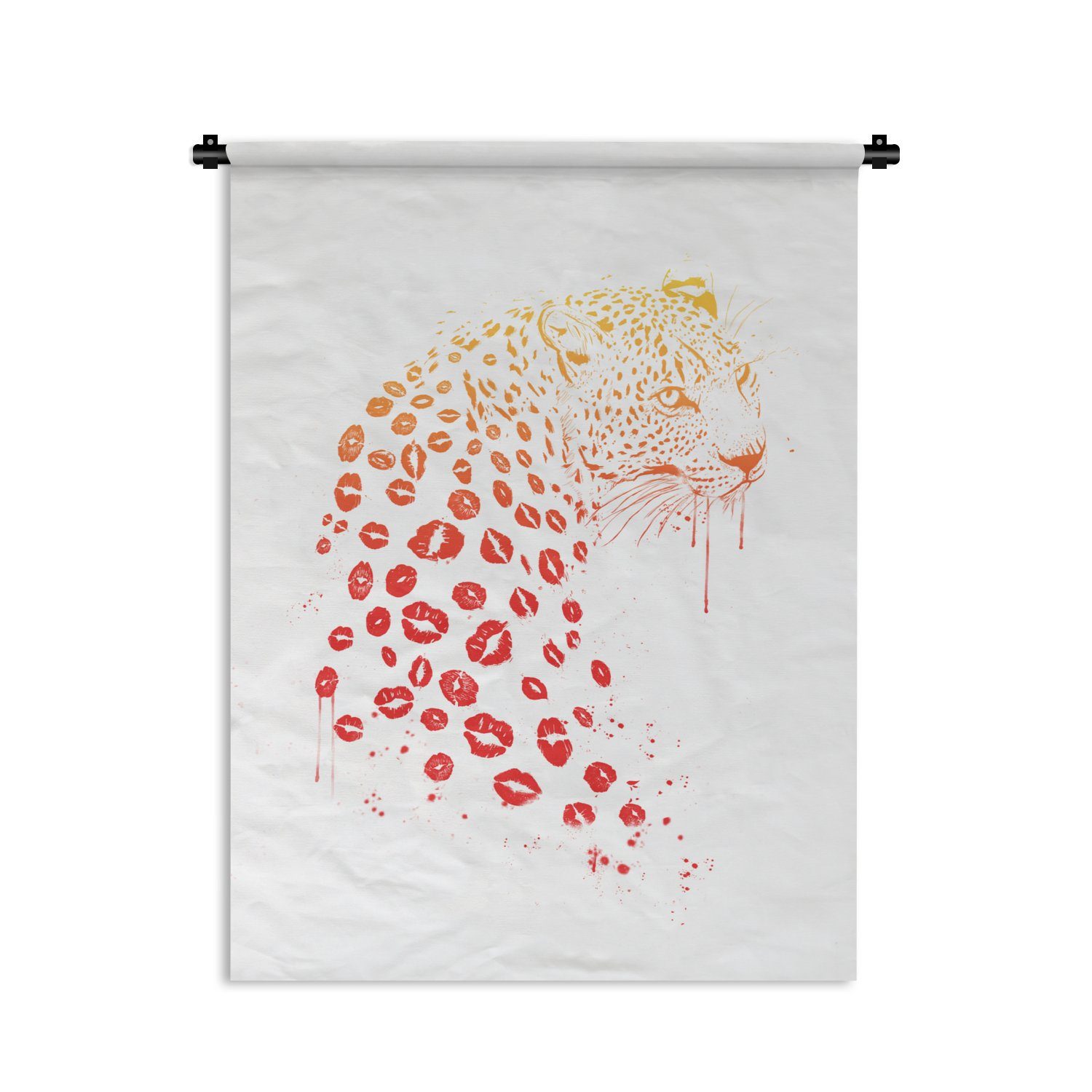 MuchoWow Wanddekoobjekt Leopard - Lippen - Rot - Tiere - Design, Deko für an der Wand, Wohnzimmer, Tapisserie, Schlafzimmer