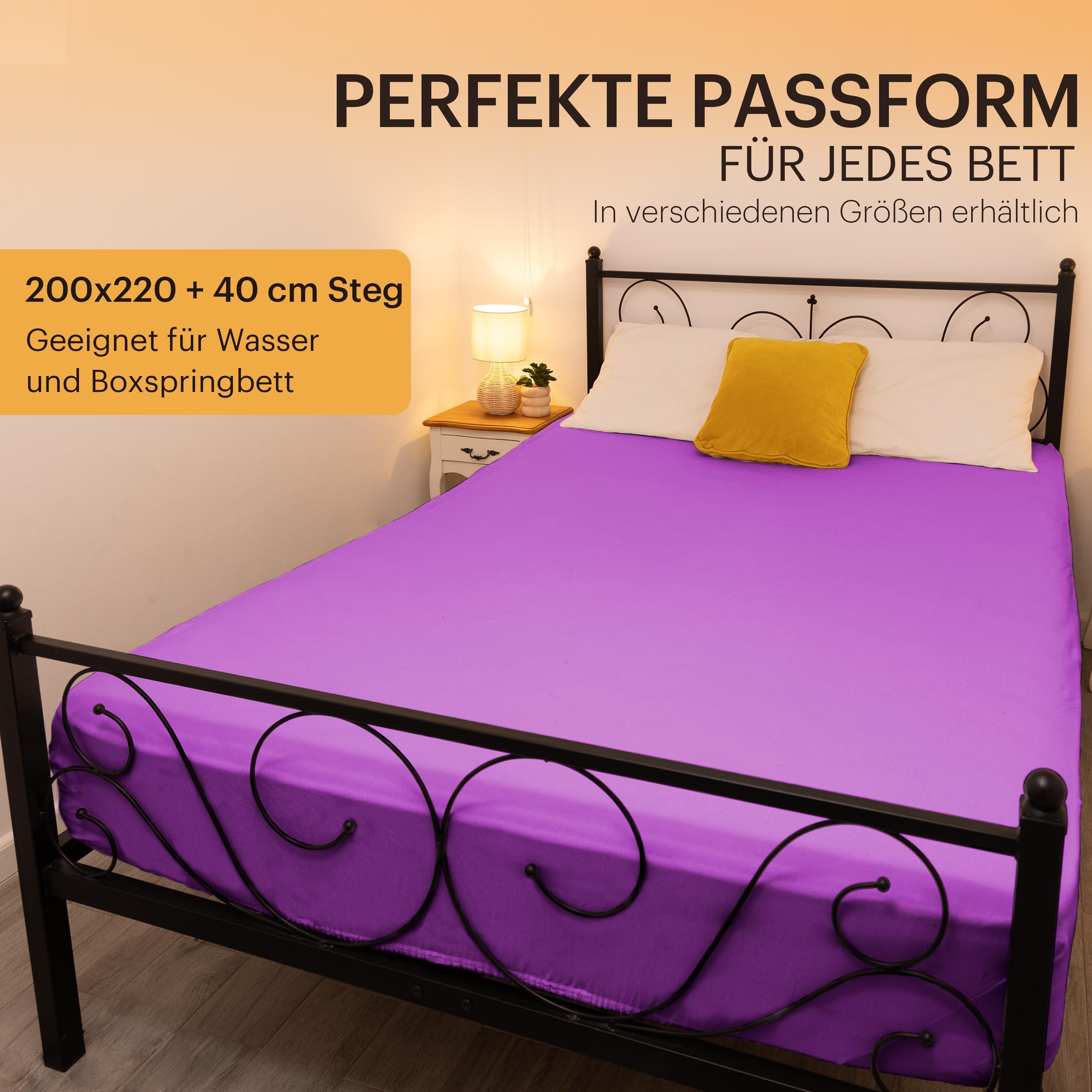 NatureMark Spannbettlaken Boxspringbett Spannbetttuch 200x220cm, Baumwolle, Gummizug: rundum, (1 Stück), 40 cm Steghöhe - 200 x 220cm Spannbetttuch, Lila – Bild 4 von 5