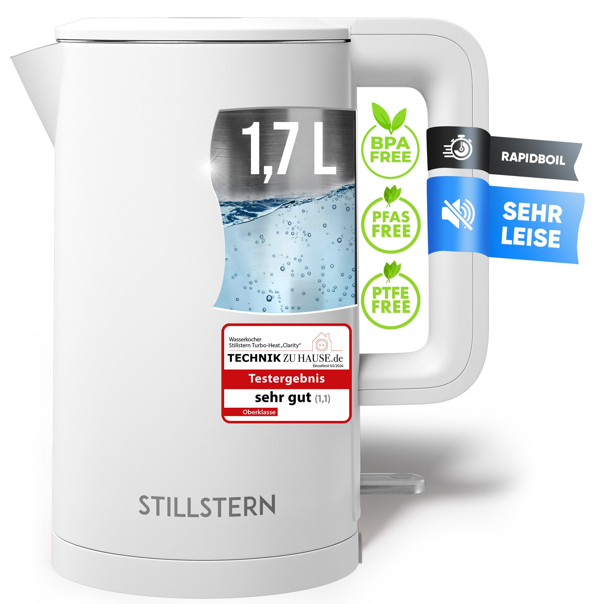 Stillstern Wasserkocher Wasserkocher 1,7L, schnelles Aufkochen, doppelwandig, 1.7 l, 2200 W, Anti Fingerprint, 2200W, Leise