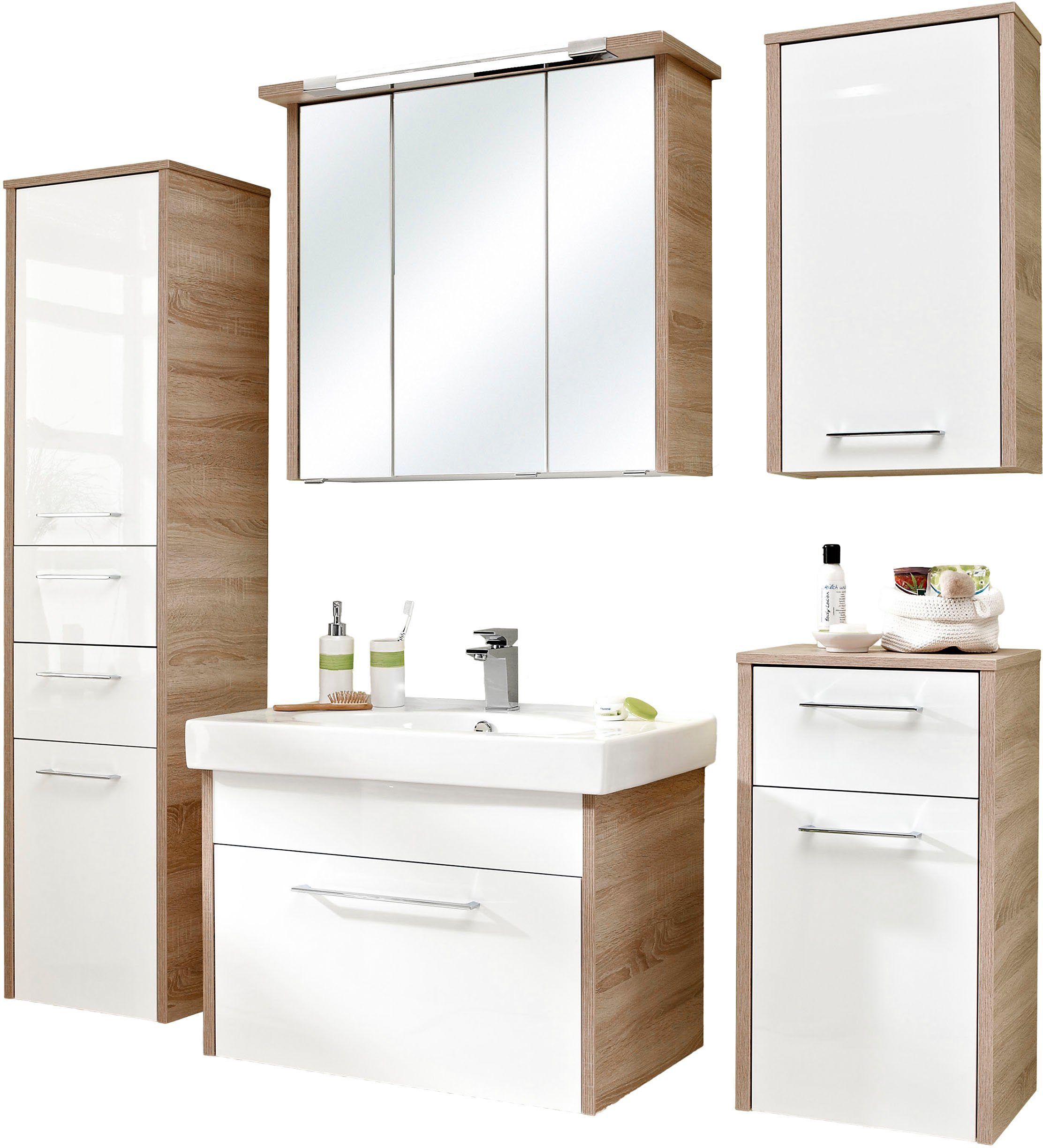 Saphir BadmöbelSet Quickset 382 5teilig, KeramikWaschtisch mit LED