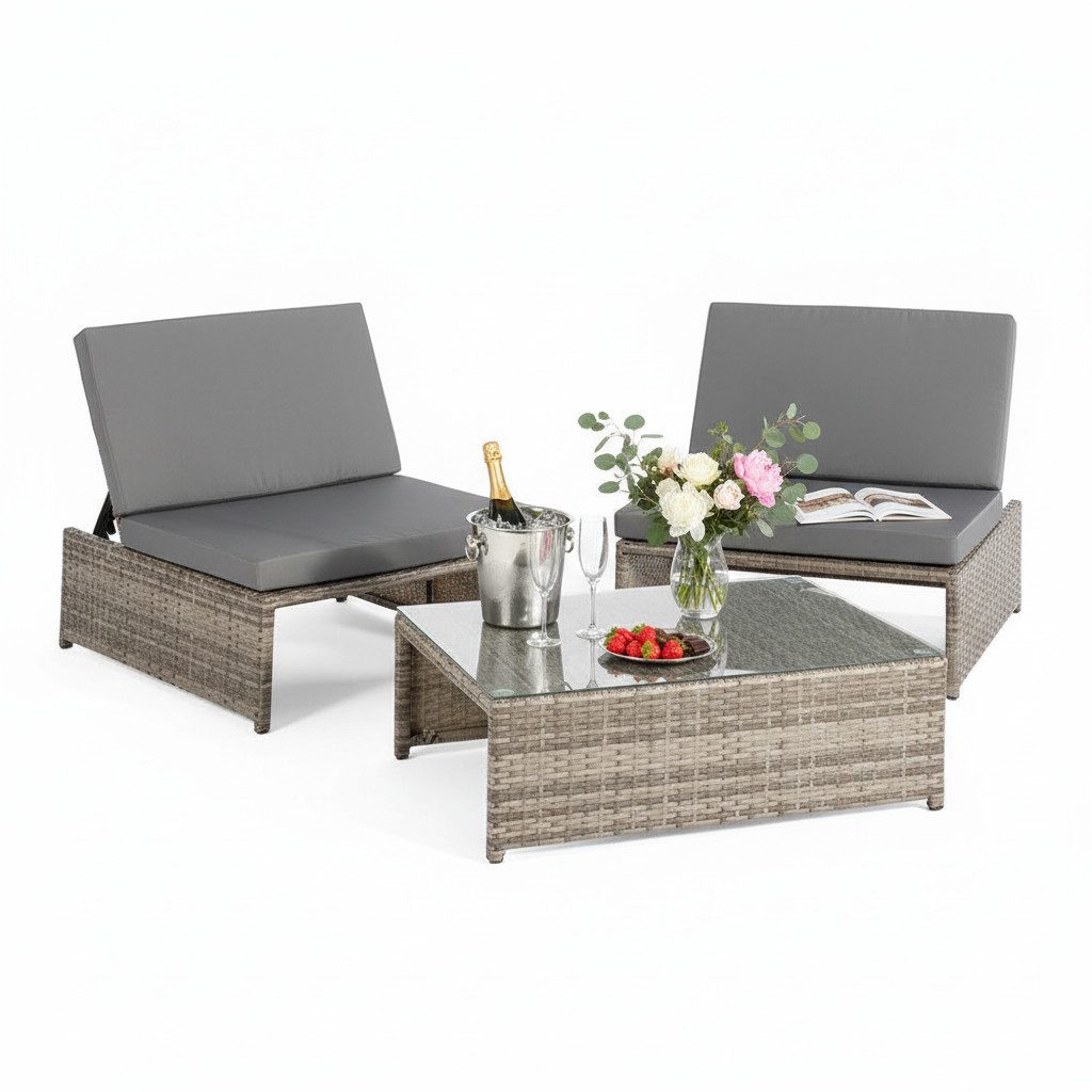 Mucola Balkonset Balkon-Sitzset 3-teilig aus Polyrattan – kompakt für Balkon & Terrasse, (Sitzgruppe, 3-teiliges Sitzset bestehend aus 2 Sesseln und 1 Tisch), Kompakte Bauweise für Balkon und kleine Terrassen