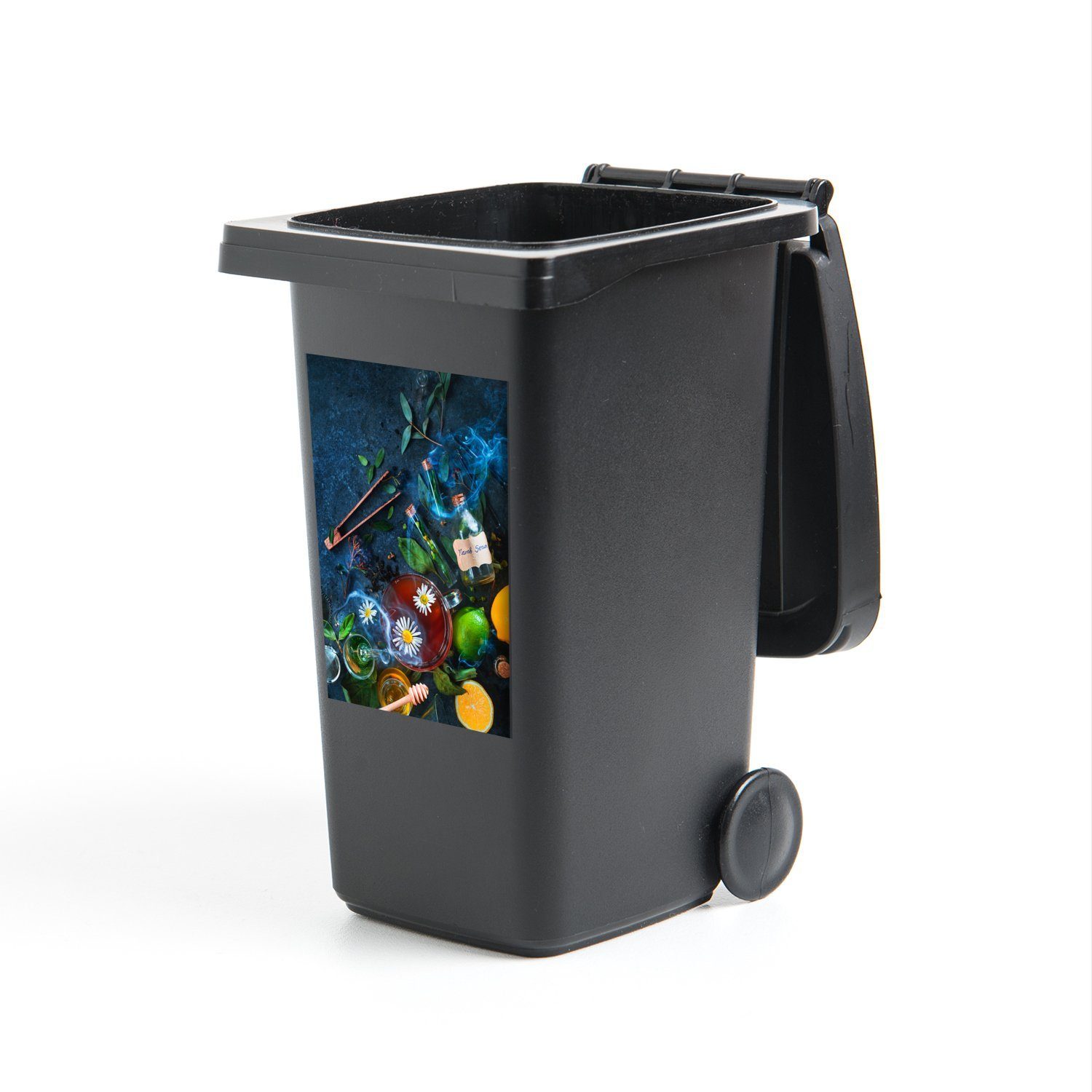 MuchoWow Wandsticker Tee umgeben von Blättern (1 St), Mülleimer-aufkleber, Mülltonne, Sticker, Container, Abfalbehälter