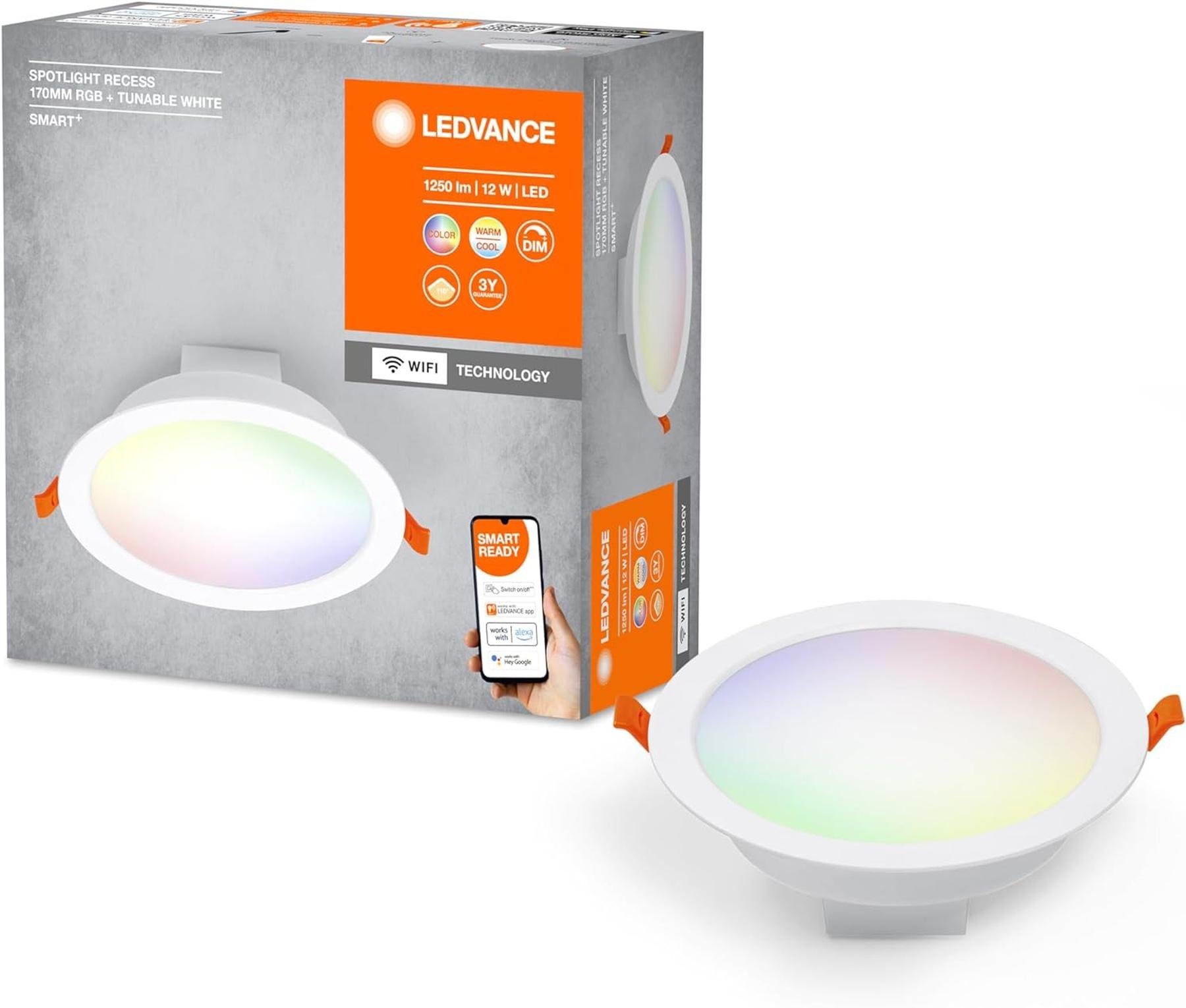 Ledvance LED-Leuchtmittel LEDVANCE Spot LED ‎Rgbw-farben Dimmbar Decke, Spotlight Einbaudecken ‎Energieeffizient, 17cm Recess RGB, Änderbar, 12w
