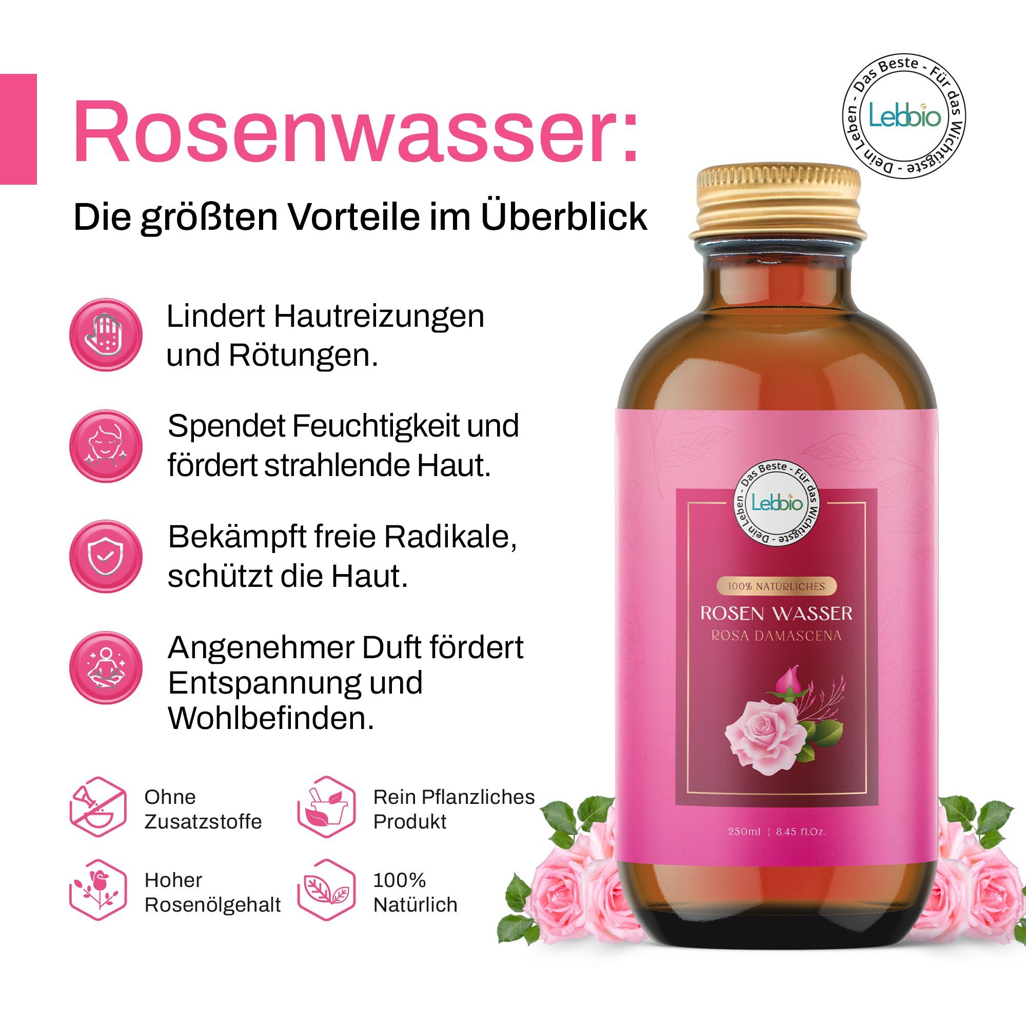 Hautpflege Natürlich – Lebbio Inhalt 250 Für die Rosenwasser – Gesichtsöl geeignet, ml 100% Lebbio