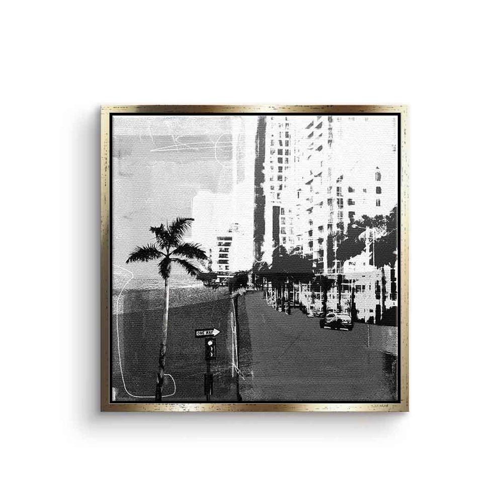 DOTCOMCANVAS® Leinwandbild Vintage Miami, Vintage Miami Leinwandbild quadratisch square schwarz weiß Wandbild goldener Rahmen