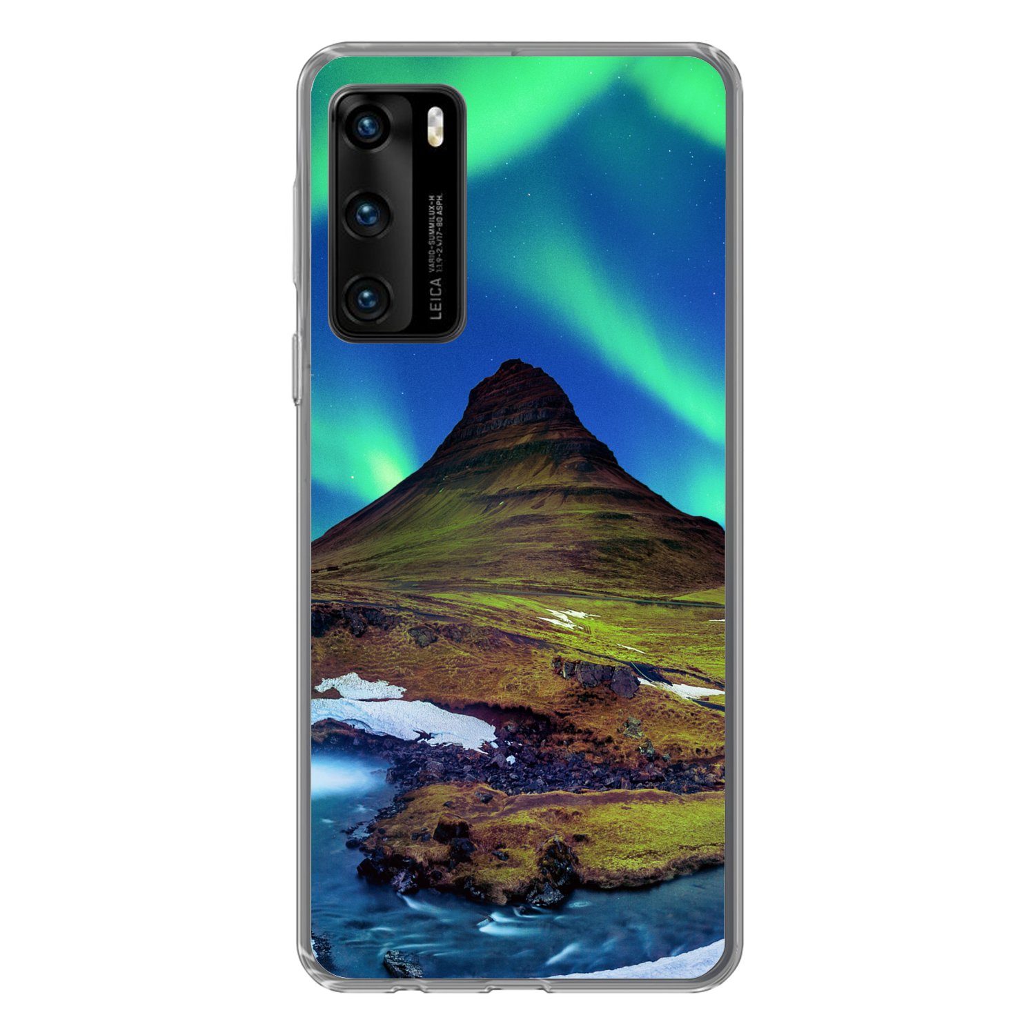 MuchoWow Handyhülle für Huawei P40 Nordlicht - Sternenhimmel - Island - Berg - Grün - Wass, Handy Case, Silikon, Bumper Case Dünn