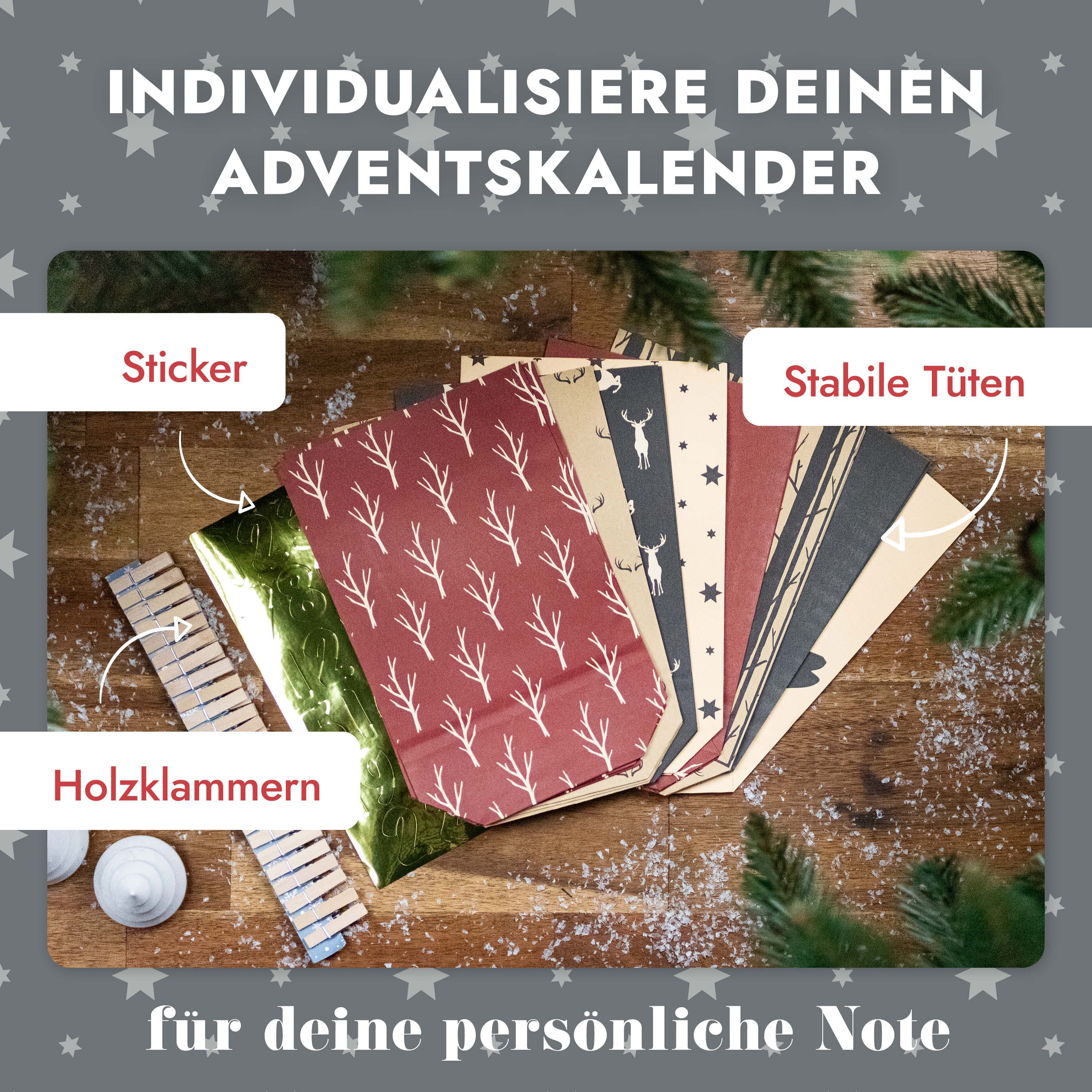 Amari befüllbarer Adventskalender Adventskalender zum Befüllen 2026, 24 Papiertüten 14×22 cm mit Zahlen (DIY Set, 72-tlg), Designs für Kinder & Erwachsene, wied – Bild 4 von 5