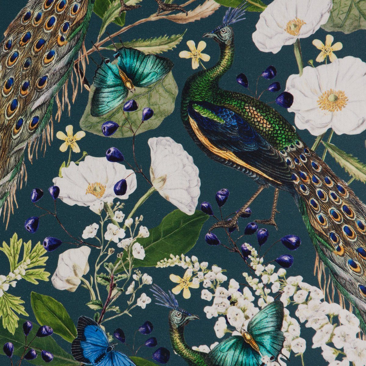 SCHÖNER LEBEN. Stoff Dekostoff Meterware Halbpanama Baumwolle Pfau Blüten petrol 140cm, allergikergeeignet,atmungsaktiv,pflegeleicht