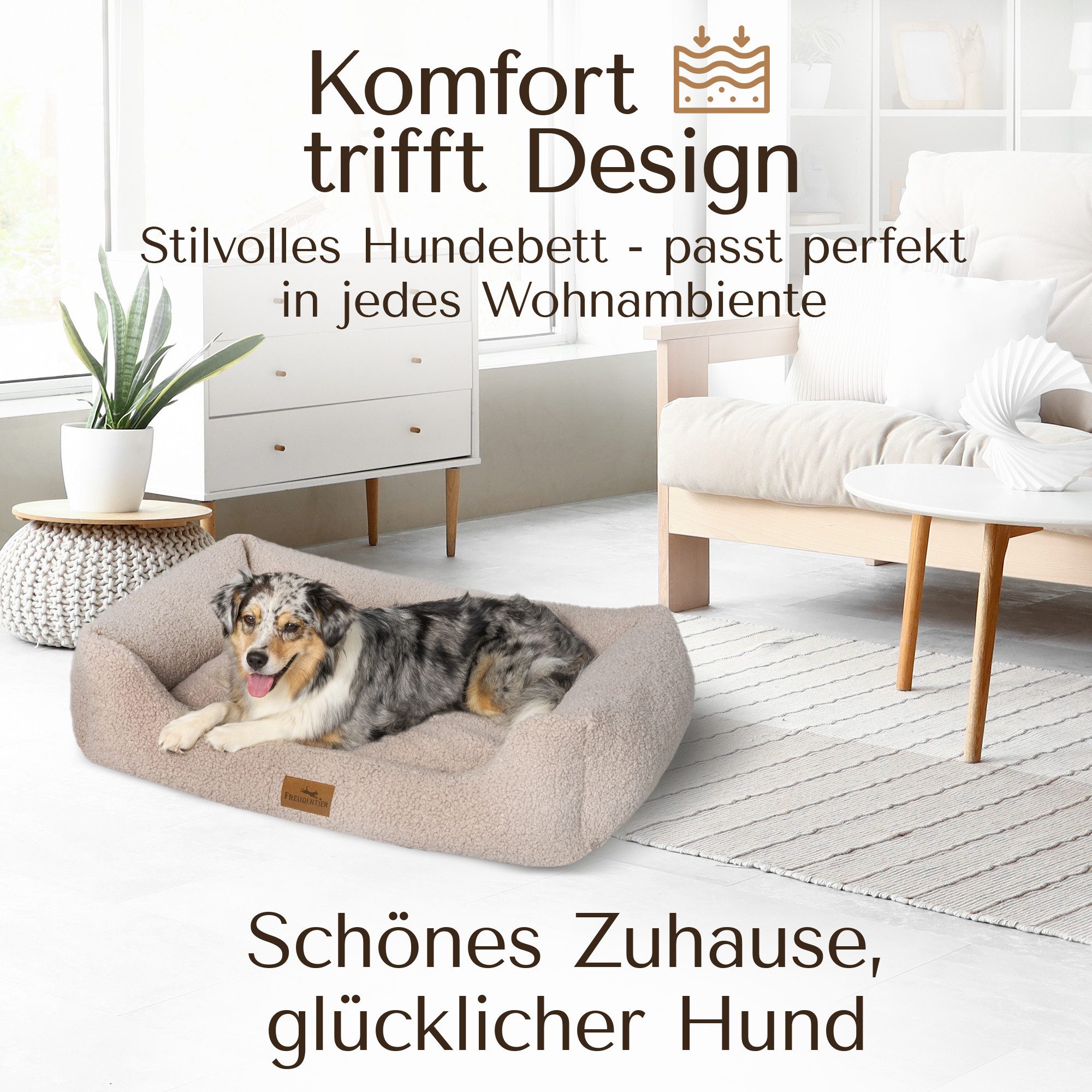 Freudentier Hundekorb Orthopädisches Hundebett aus Teddy, Waschbar, Handmade in Europe, Herausnehmbares Liegekissen