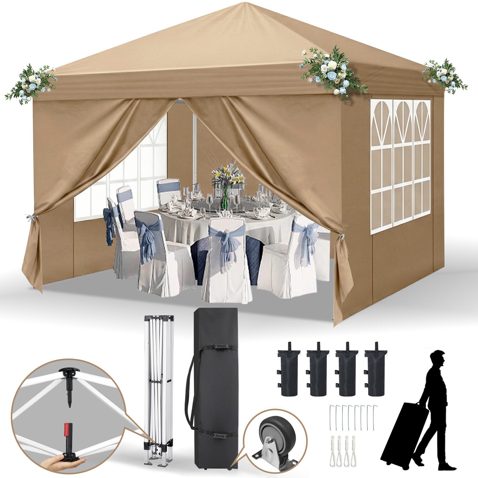 LALAHO Faltpavillon 3x3 m Gartenpavillon mit 4 Seitenteilen, Partyzelt mit 4 Sandsäcke, mit 4 Seitenteilen, UV-Schutz, Wasserdicht Faltpavillon, Winterfest Pop Up Pavillon