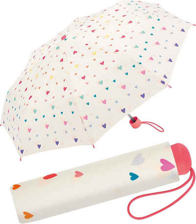 Esprit Taschenregenschirm kleiner, leichter Taschenschirm für Kinder, mit niedlichem, bunten Herzen-Design für Mädchen