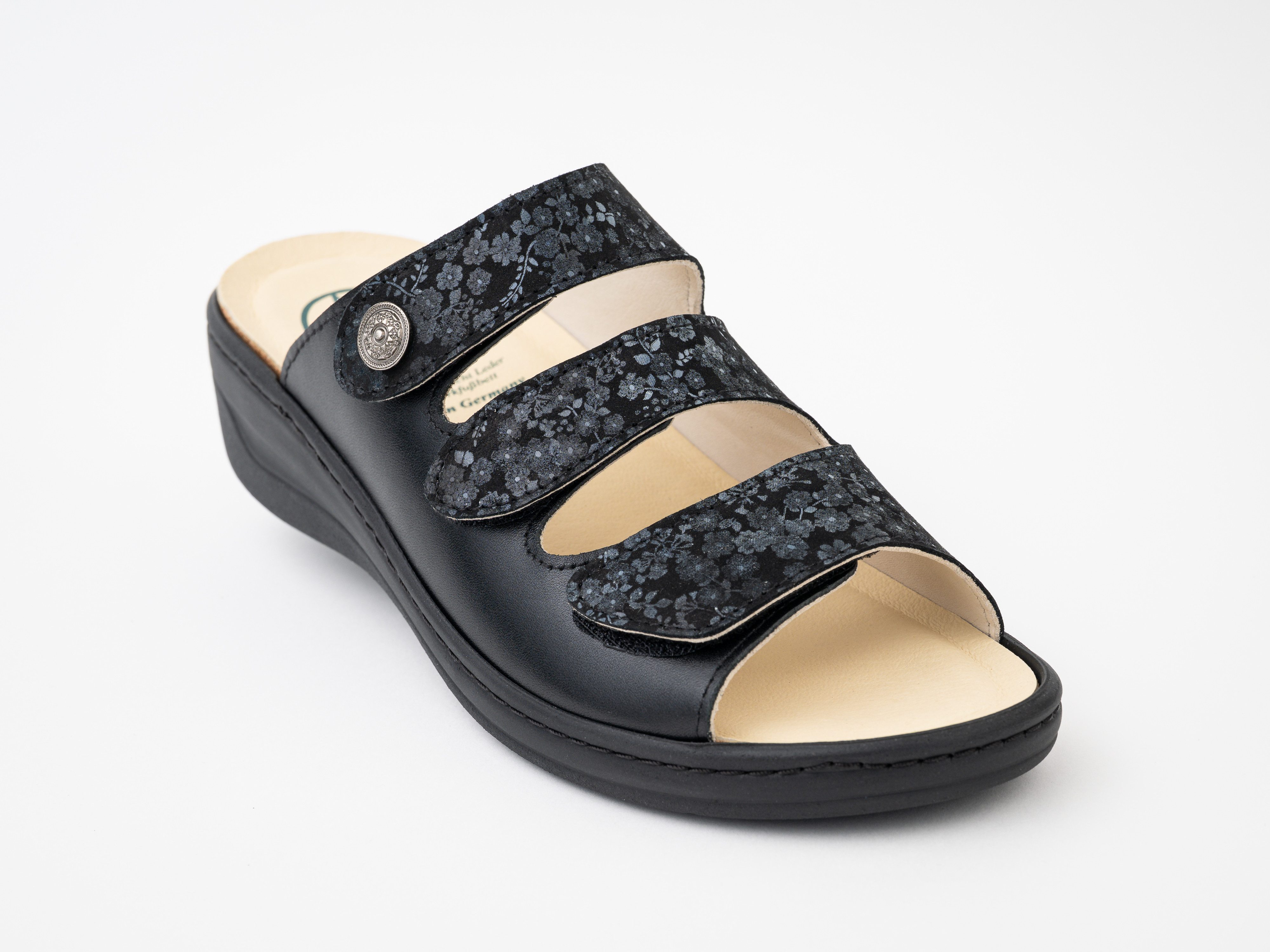 Franken-Schuhe Art. 3030-B4 Farbe: "black flower" Damen Pantolette (mit loser Einlage, Korfußbett mit Lederdecksohle & Weichtritt, Comoforweite "H) "Made in Germany"