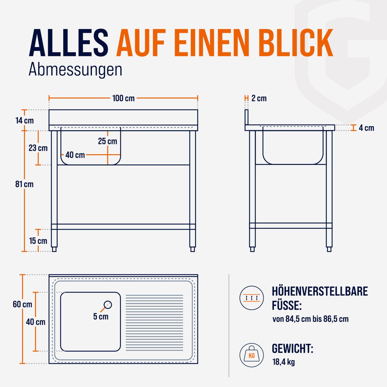 GastroHero Arbeitstisch Spültisch 100x60 cm - Edelstahl mit Becken - Gastro - Spüle, AISI201-Edelstahl, Grundboden, nach Hygienerichtlinien produziert – Bild 5 von 5