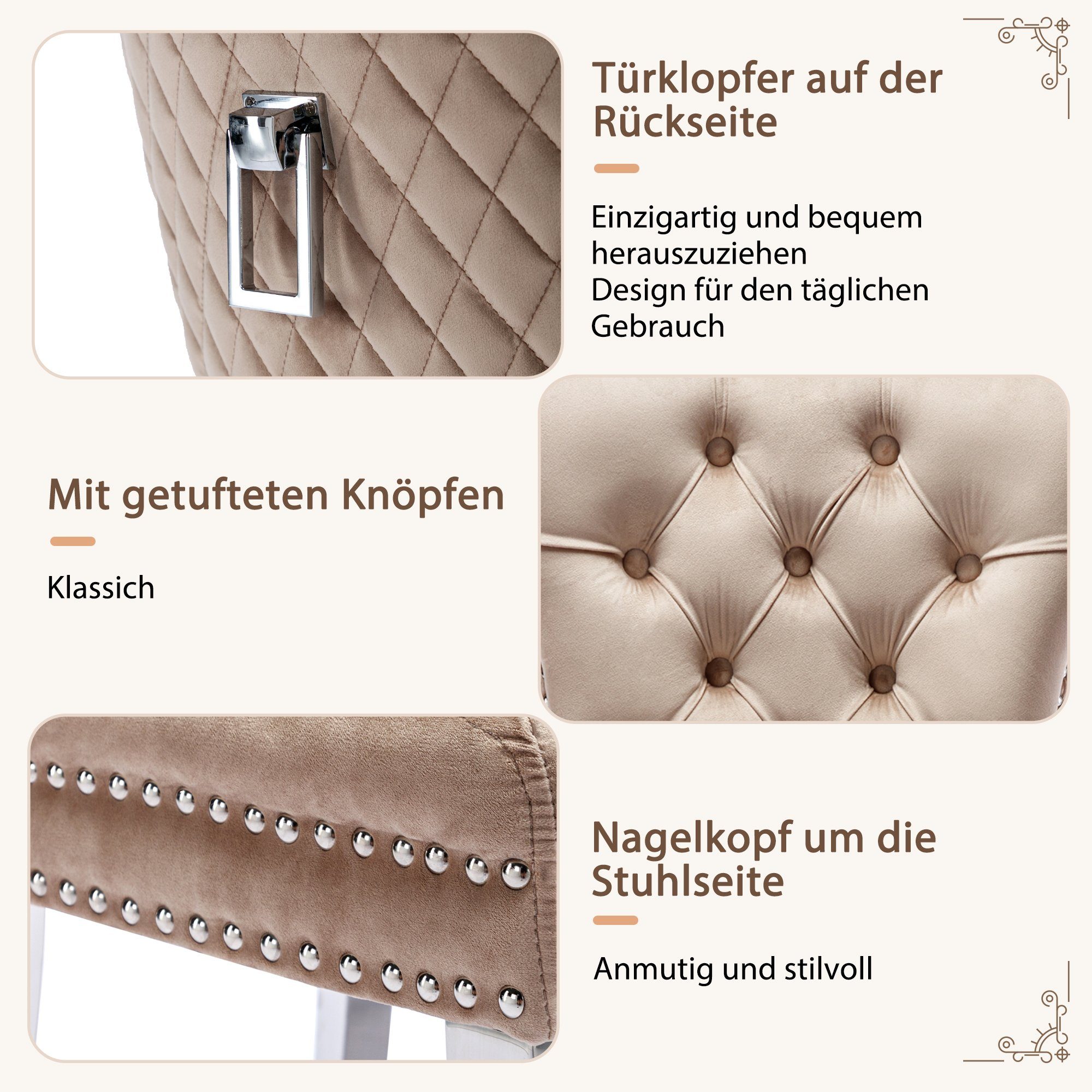 Esszimmerstuhl (Polsterstuhl, 6 St), mit Türklopfer, Beine aus Edelstahl, gepolsterte Sitzfläche aus Samt
