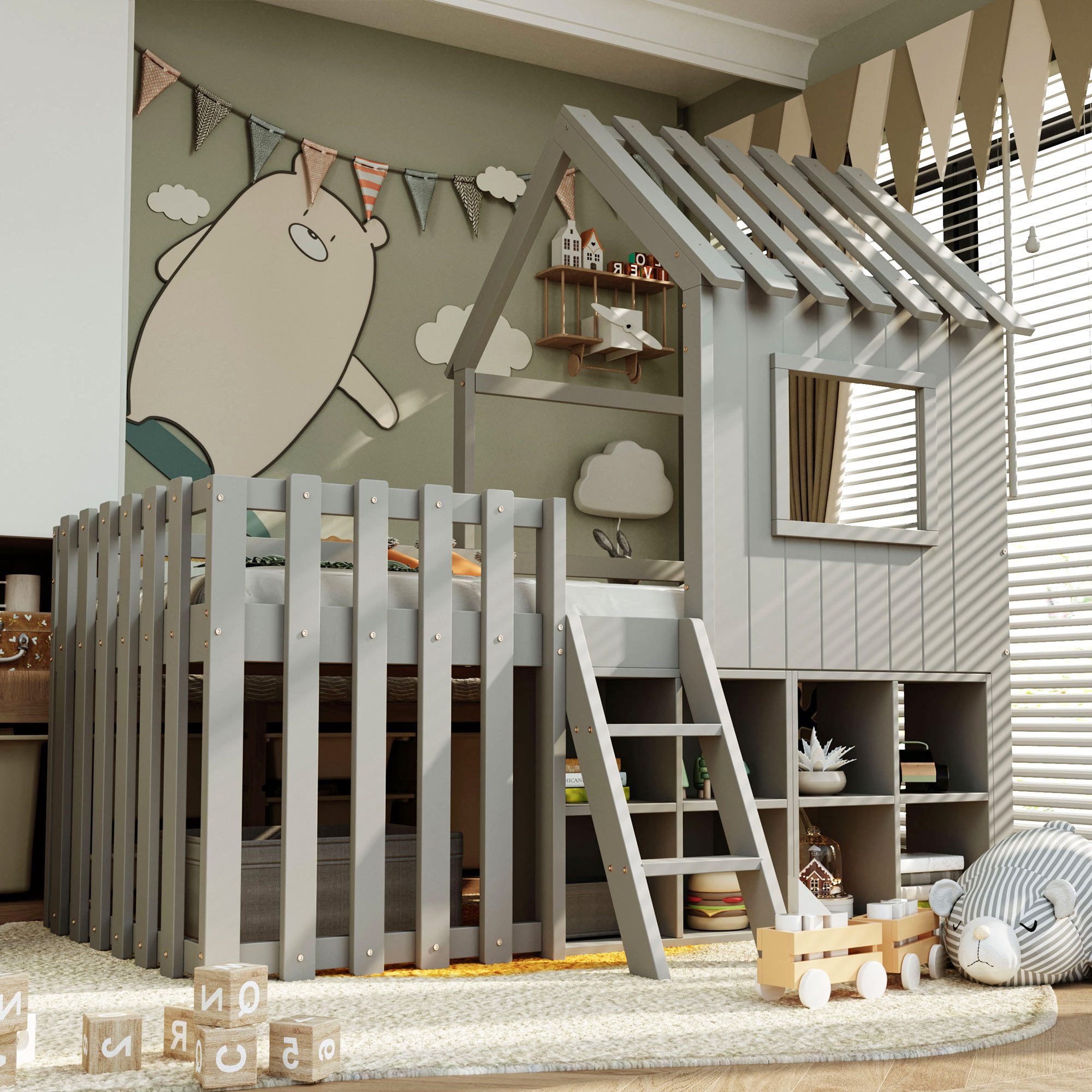 Flieks Hochbett Kinderbett Hausbett 90x200cm mit Dach, Fenster und offenem Stauraum