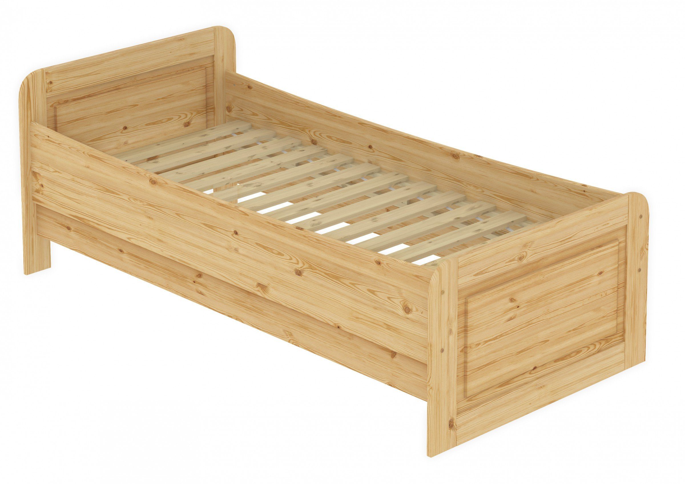 ERST-HOLZ Bett Einzelbett hoch 100x200 Kiefer massiv mit Rollrost, Kieferfarblos lackiert