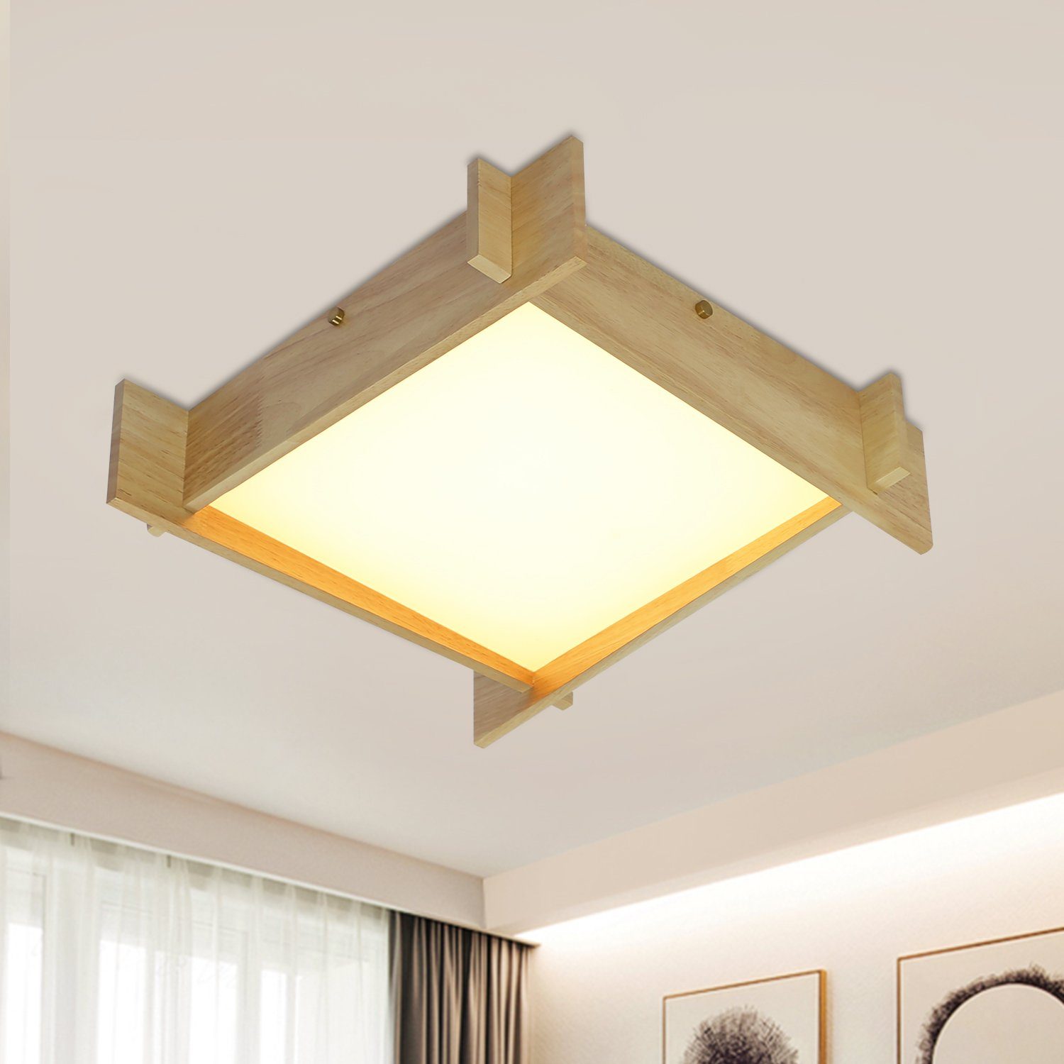 integriert, Eckig fest für LED Schalfzimmer, ZMH Deckenleuchte Glas LED Holz Warmweiß Wohnzimmer Quadratisch
