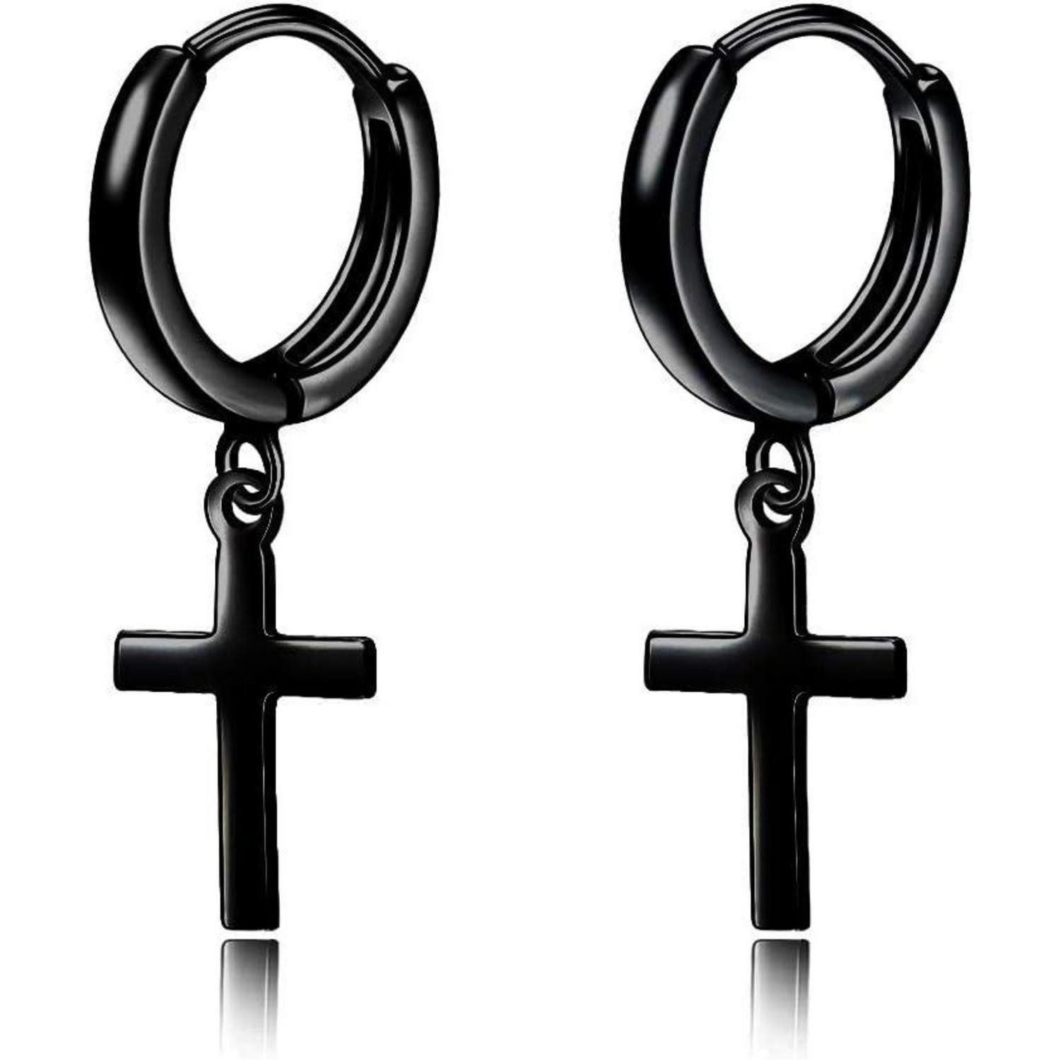 Paar Creolen Creolen Sterling Silber Kreuz Sterne Damen Schwarze Kreuzohrringe