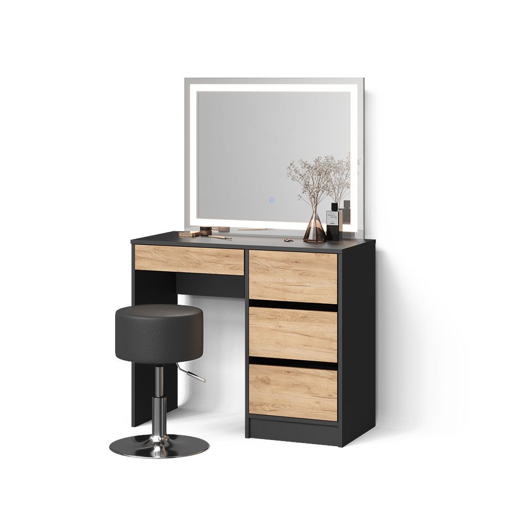 Livinity® Schminktisch Imola, Anthrazit/Goldkraft Eiche/Goldkraft Eiche, mit LED-Spiegel u... (3-St)
