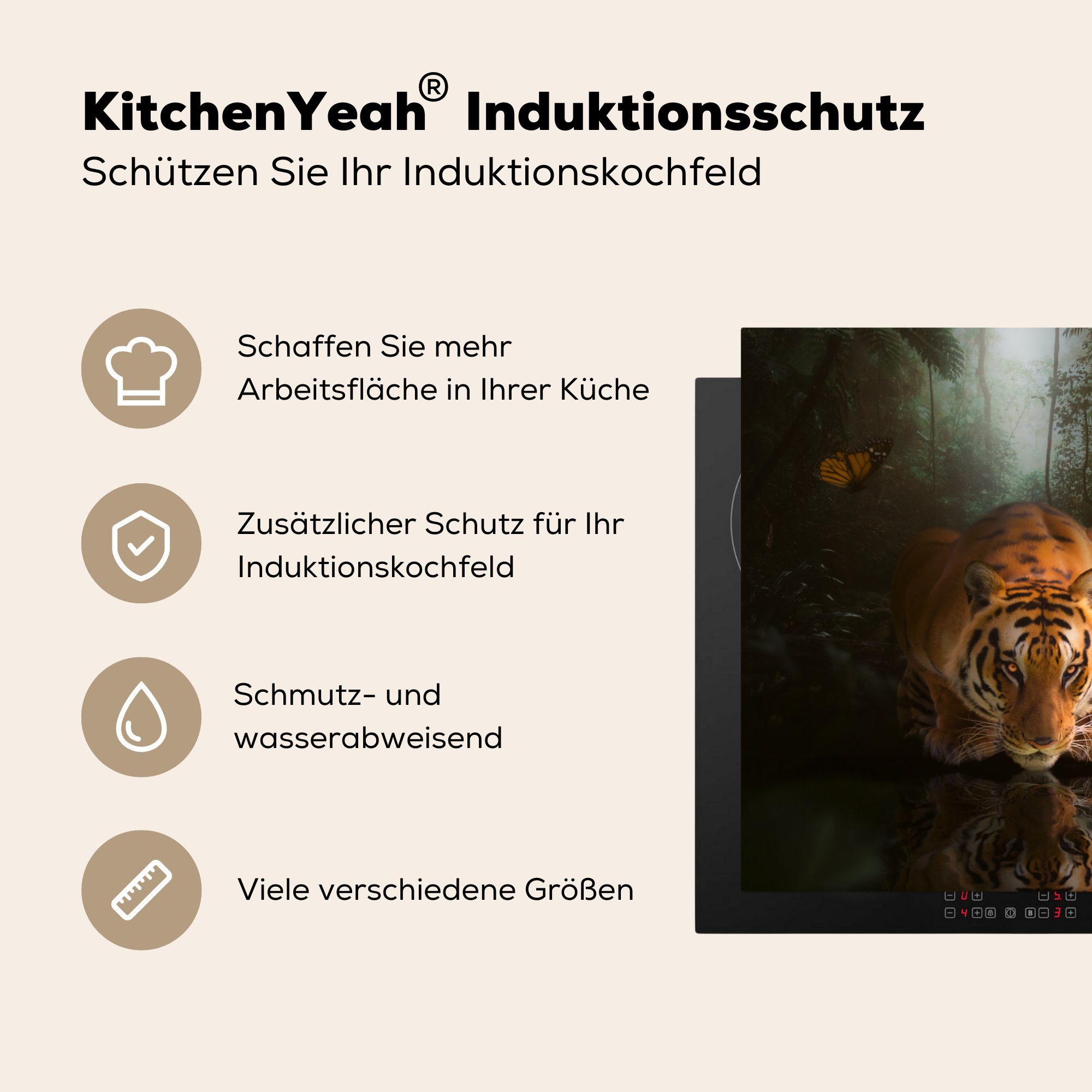 küche - (1 Vinyl, MuchoWow cm, Herdblende-/Abdeckplatte für tlg), - Tiger, Schmetterling Ceranfeldabdeckung, 78x78 Arbeitsplatte Tiere