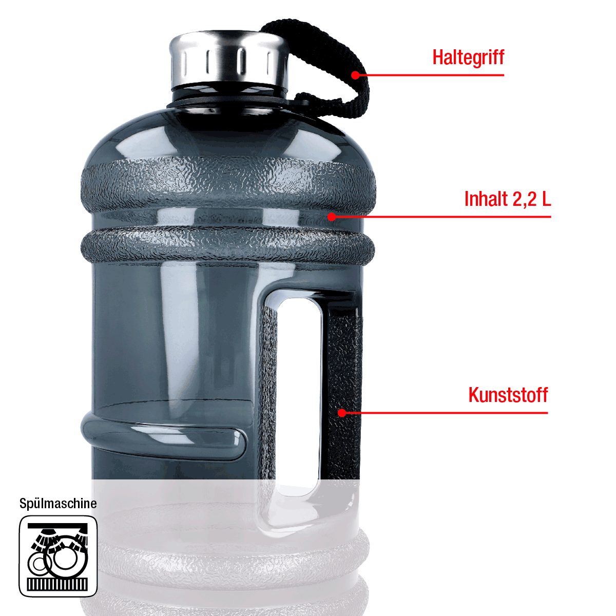 EUROHOME Trinkflasche Sport Trinkflasche 2,2 Liter Kunststoff mit Haltegriff, Wasserflasche Sport 2l - Wasserkanister Kunststoff – Bild 3 von 5