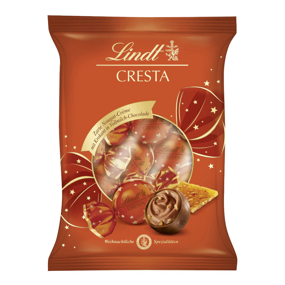 LINDT Schokolade, Lindt Cresta Doppeldreh Kugeln mit Nougat und Krokant Packung 101g