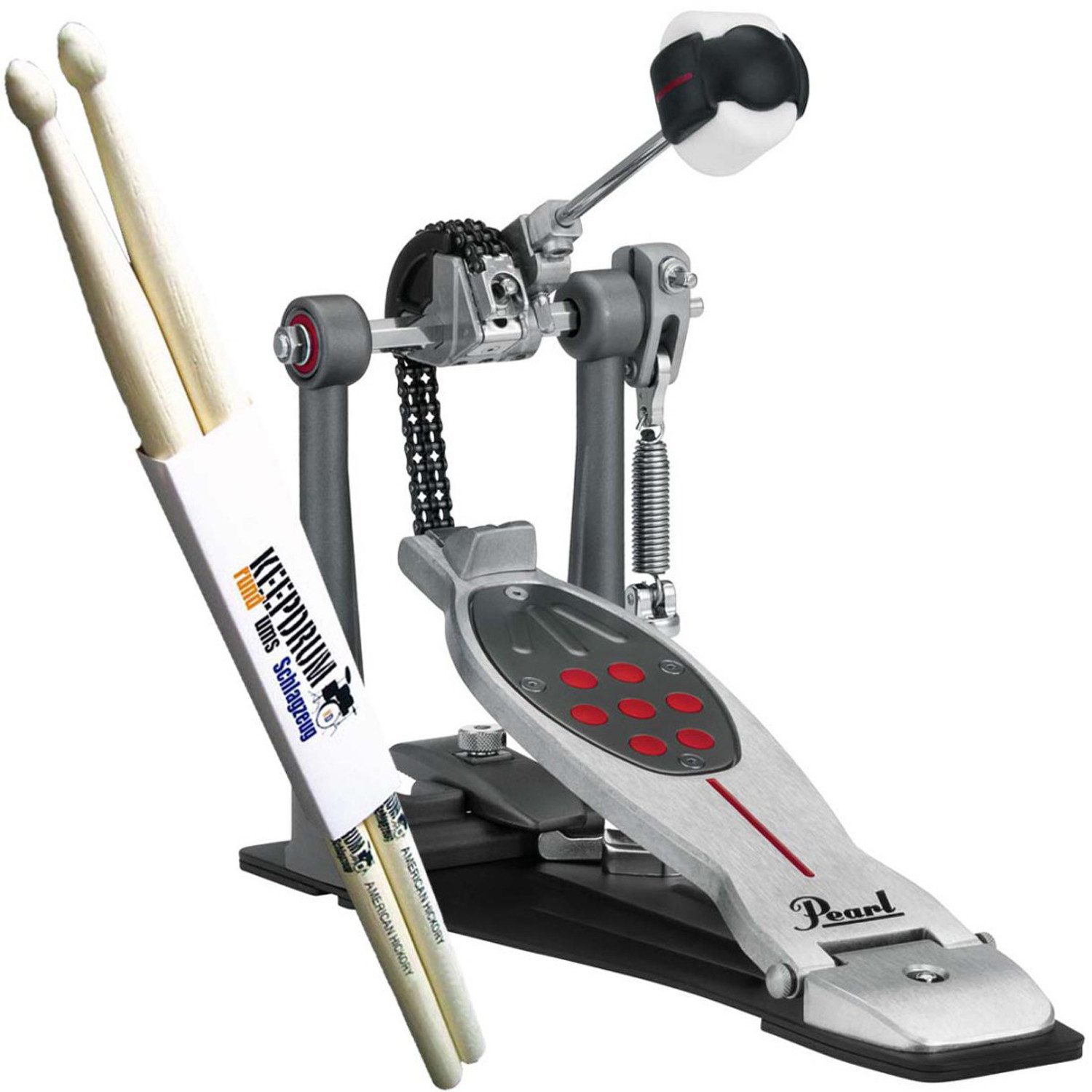 Pearl Drums Schlagzeug Pearl P-2050C Redline Einzelpedal mit Schlagzeugstöcken,Set, Kettenantrieb, QuadBeater